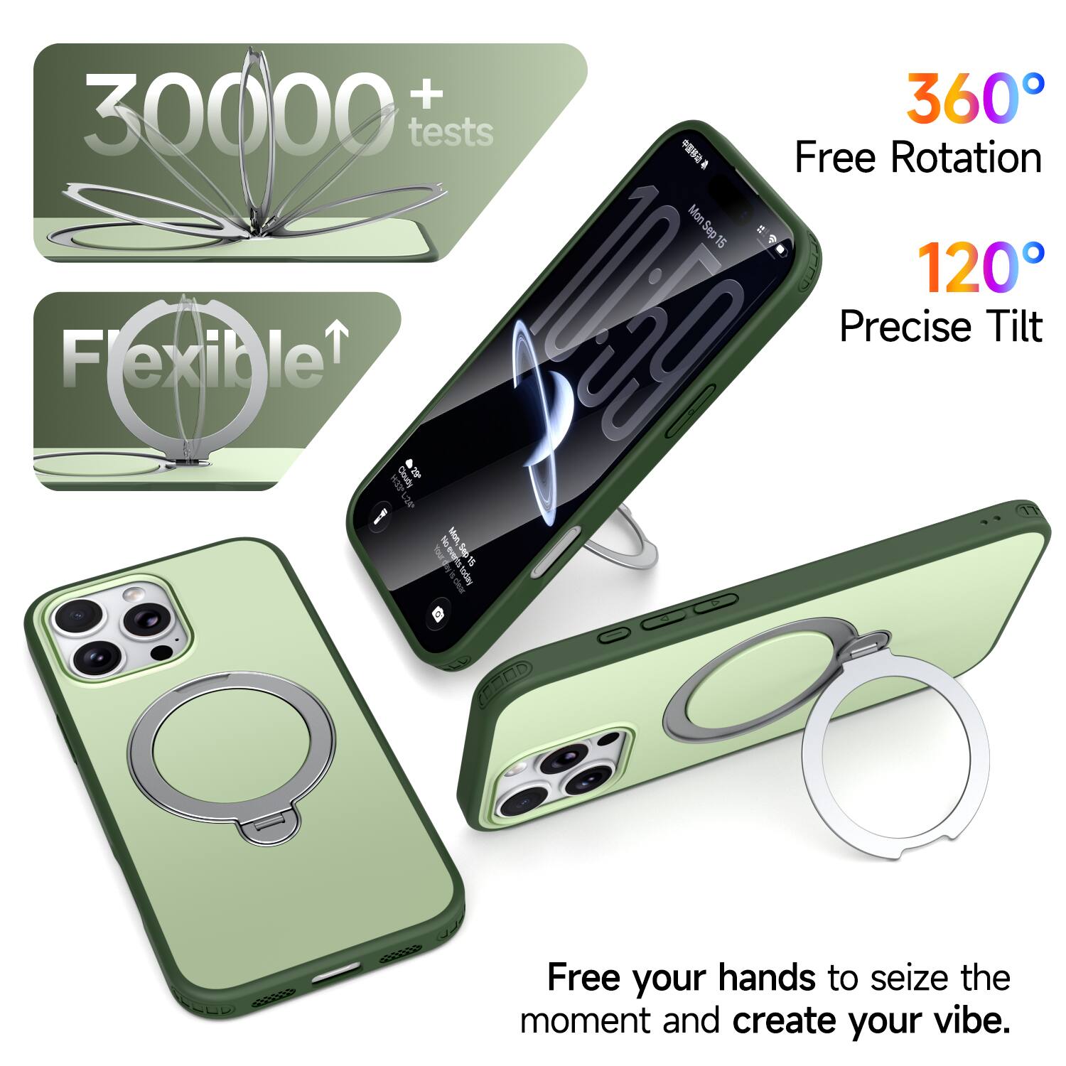 + 360 30000 tests  
Free Rotation  
Flexible  
120° Precise Tilt  

Free your hands to seize the moment and create your vibe.