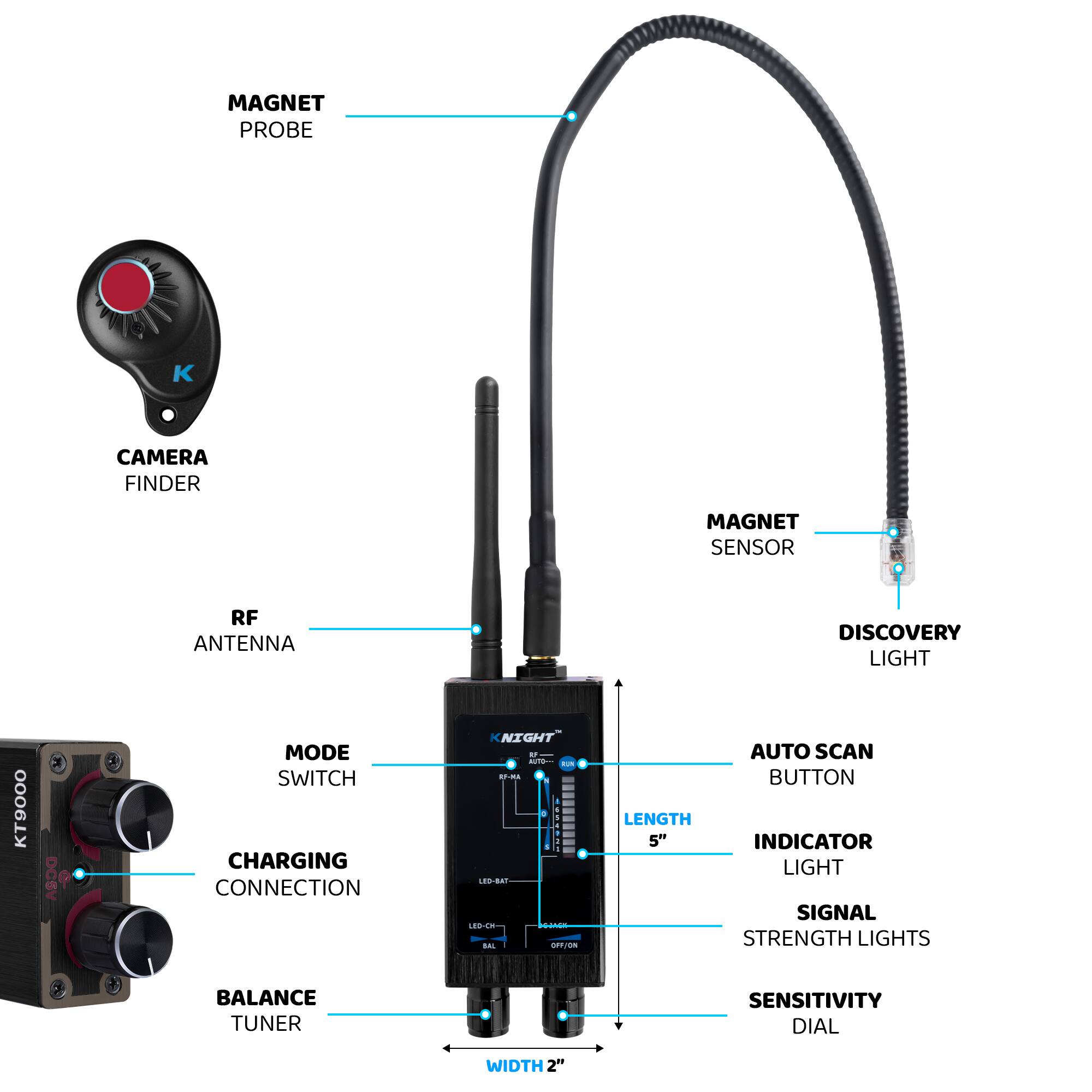 - MAGNET PROBE
- CAMERA FINDER
- RF ANTENNA
- MODE SWITCH
- CHARGING CONNECTION
- BALANCE TUNER
- MAGNET SENSOR
- DISCOVERY LIGHT
- AUTO SCAN BUTTON
- INDICATOR LIGHT
- SIGNAL STRENGTH LIGHTS
- SENSITIVITY DIAL
- LENGTH 5"
- WIDTH 2"
