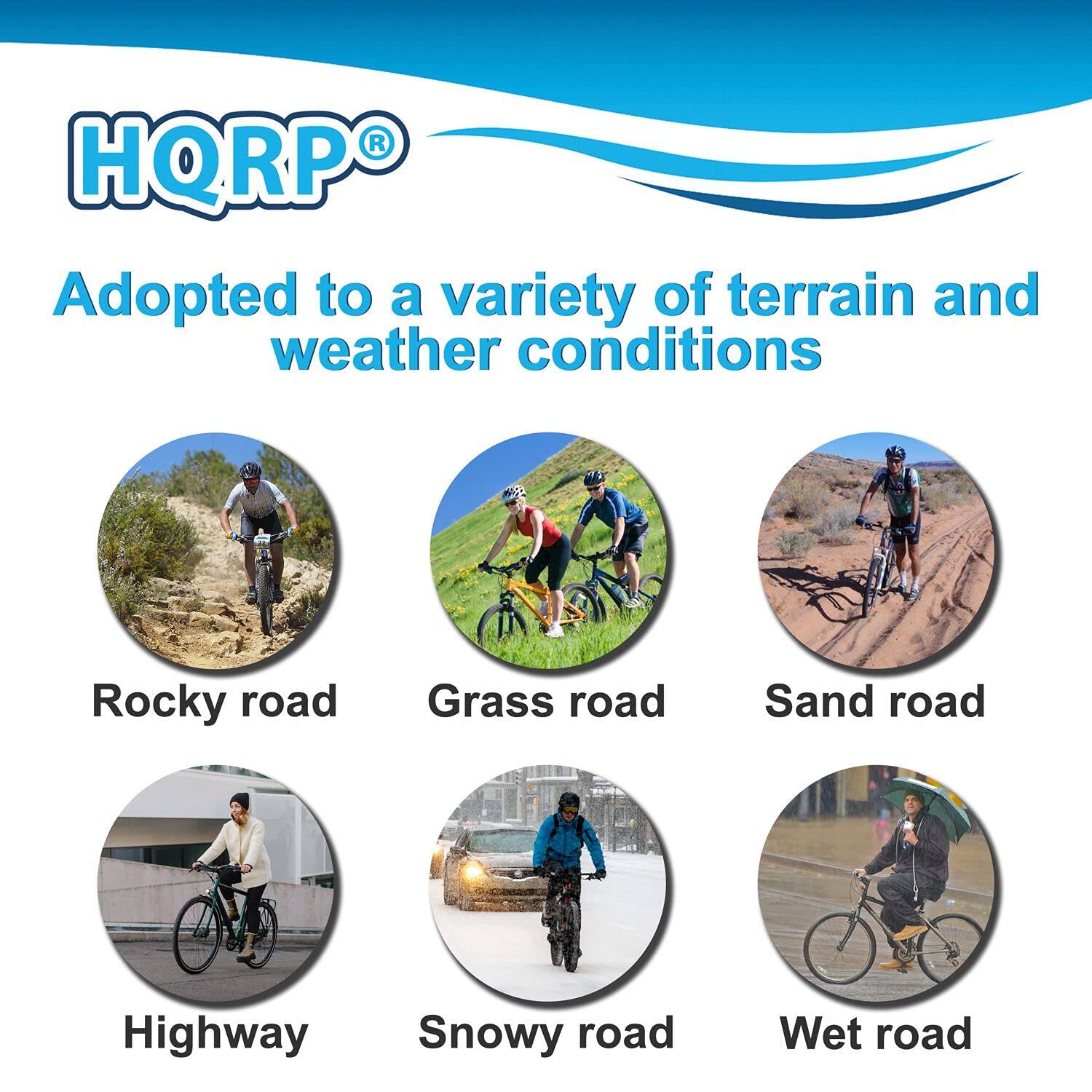 HQRP®  
Adopted to a variety of terrain and weather conditions

- Rocky road
- Grass road
- Sand road
- Highway
- Snowy road
- Wet road
