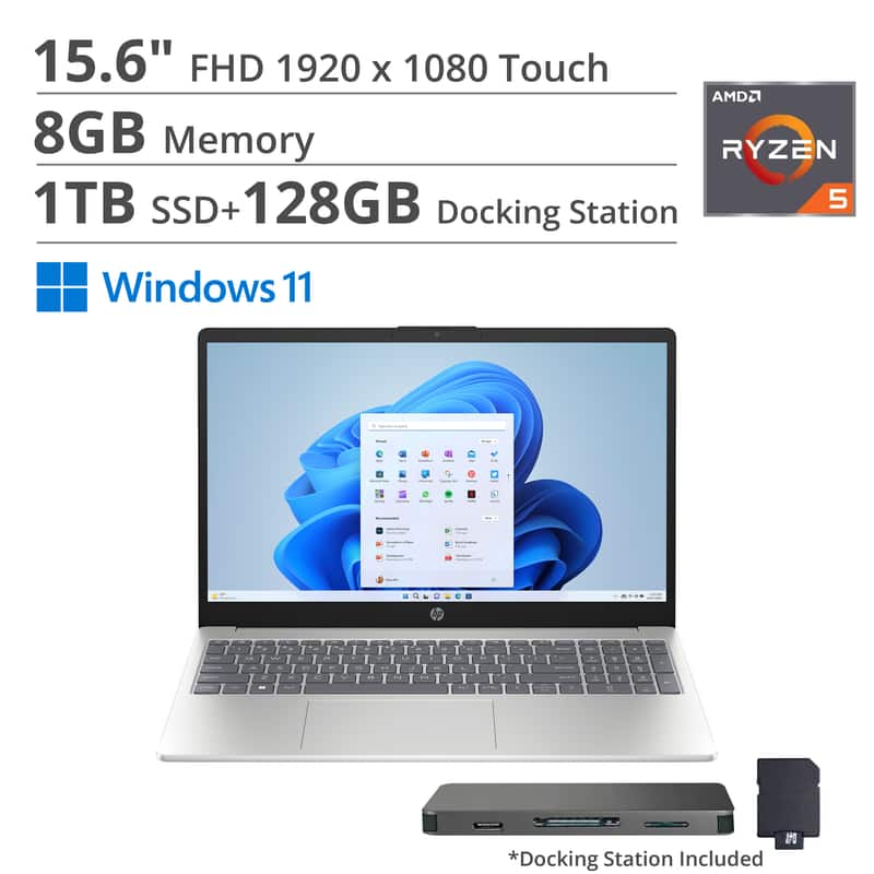 HP - 15.6" FHD Touch Laptop,AMD Ryzen 5 7520U,Intel UHD Graphics,8GB RAM,1TB SSD+160GB Docking Station,Win 11 Home - Silver