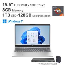 HP - 15.6" FHD Touch Laptop,AMD Ryzen 5 7520U,Intel UHD Graphics,8GB RAM,1TB SSD+160GB Docking Station,Win 11 Home - Silver