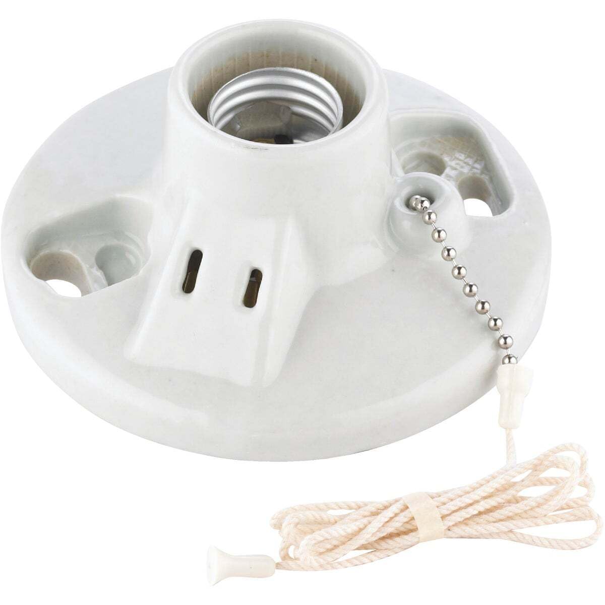 Angle. Leviton - One-Piece Glazed Porcelain Outlet Box Mount with Incandescent Lampholder and Pull Chain, 2-Wire Side Wired Model 9716-C - White.
