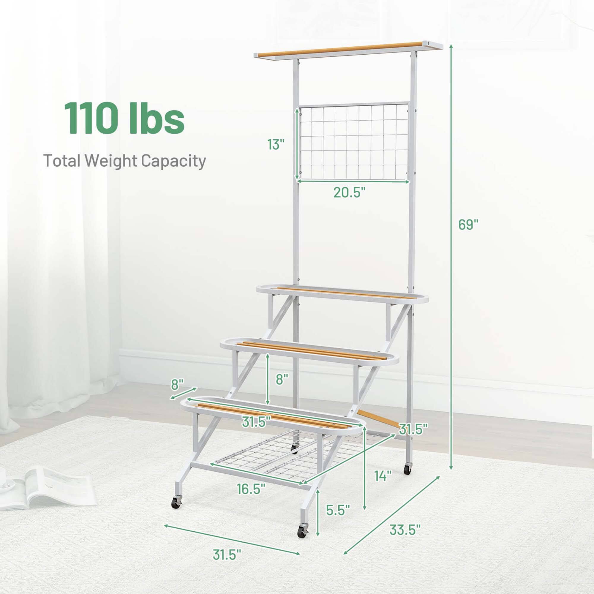 The text on the image reads: "110 lbs Total Weight Capacity 13" 20.5" 69" 8" 8" 31.5" 31.5" 16.5" 5.5" 14" 33.5" 31.5". This information describes the weight capacity and dimensions of the metal shelving unit. The total weight capacity is 110 lbs, and the shelves are made of metal and have a wire mesh design. The dimensions include the height, width, and depth of the shelves, which are 13", 20.5", 69", 8", 8", 31.5", 31.5", 16.5", 5.5", 14", and 33.5".