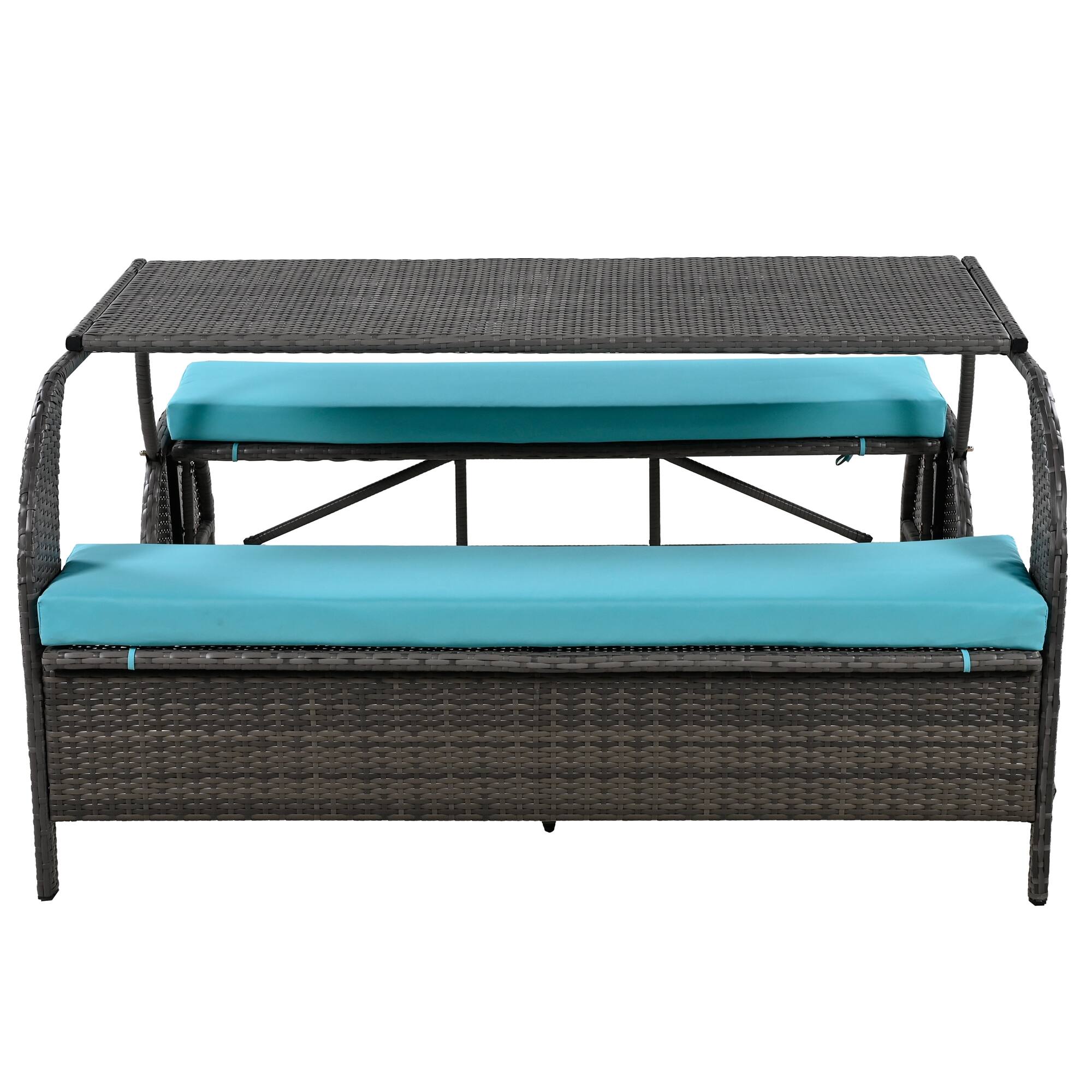 Left. APRILSOUL - 2 In 1 Convertible Picnic Upholstered Bench Table 571 Outdoor Loveseat 4 Seats 1 Table Garden Lawn - Blue.