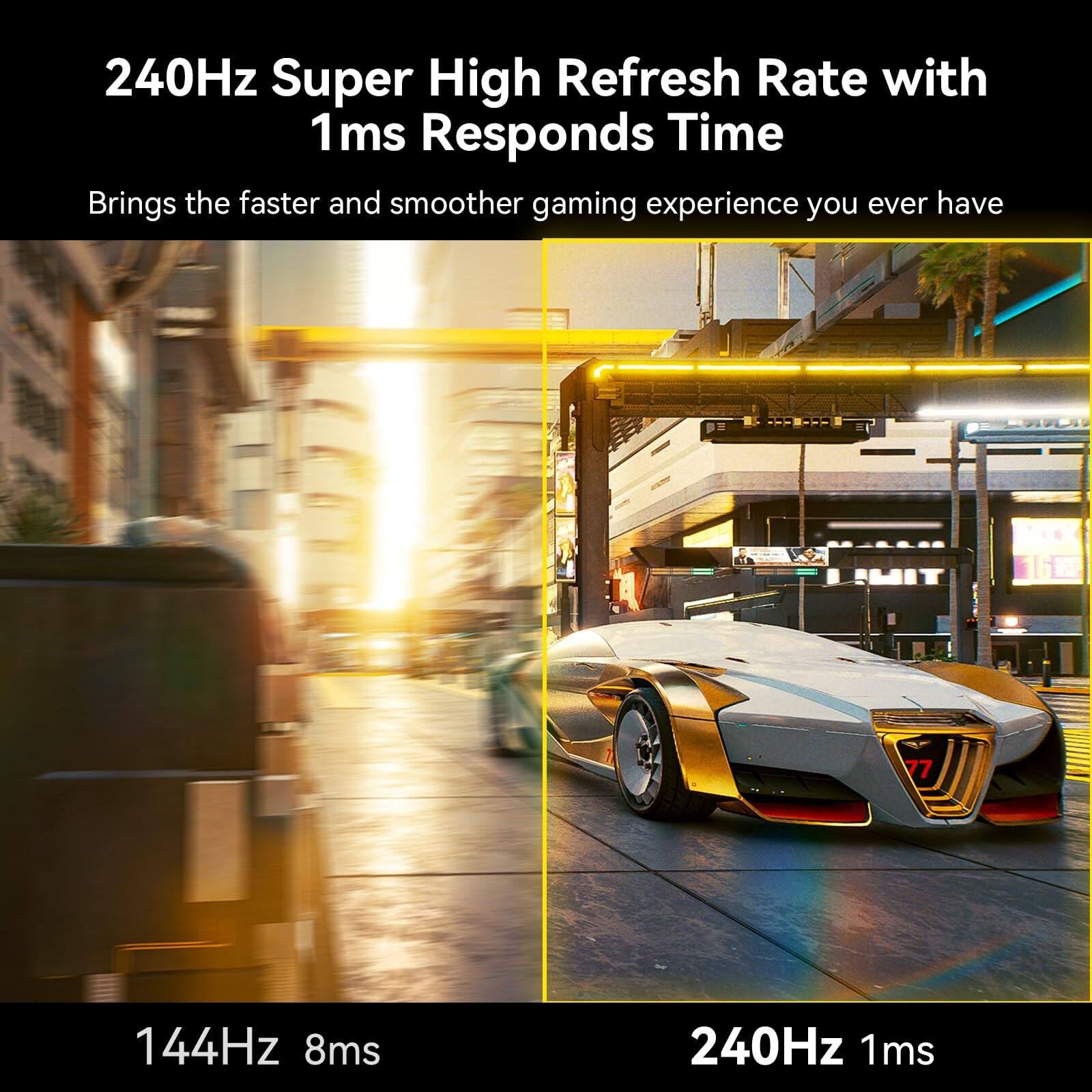 240Hz Super High Refresh Rate with 1ms Response Time  
Brings the faster and smoother gaming experience you ever have  

144Hz 8ms  
240Hz 1ms