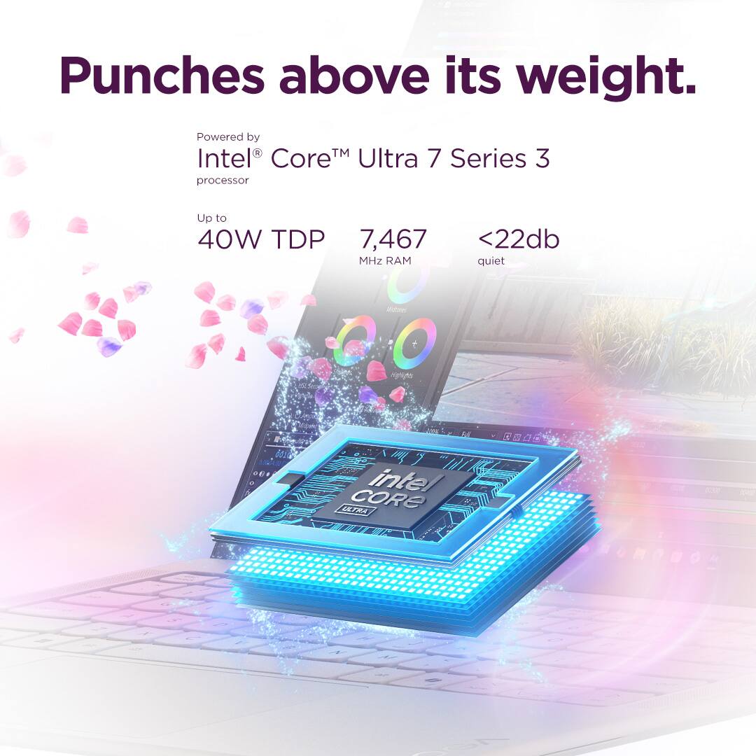 Punches above its weight.  
Powered by Intel® Core™ Ultra 7 Series 3 processor  
Up to 40W TDP  
7,467 MHz RAM  
<22db quiet