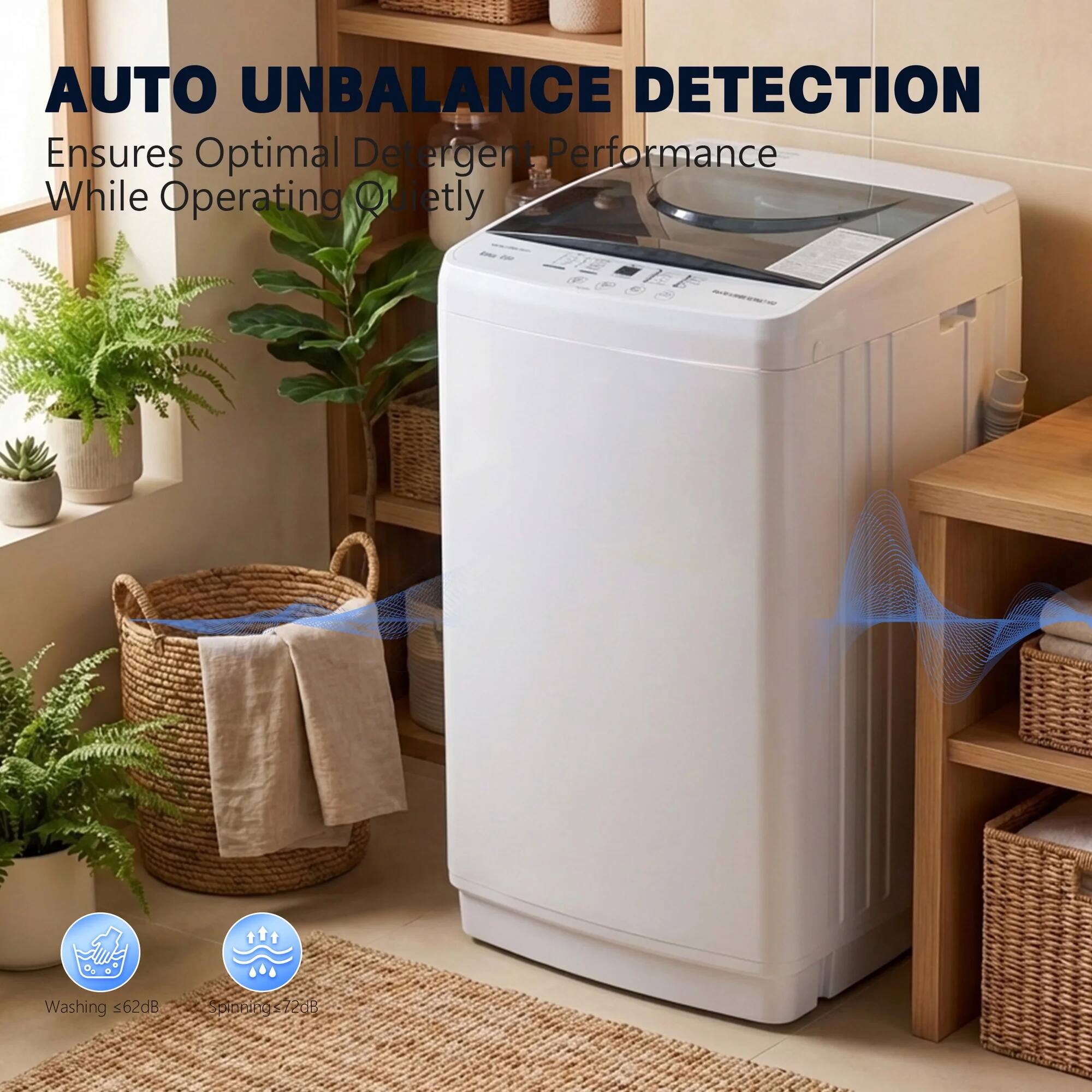 AUTO UNBALANCE DETECTION  
Ensures Optimal Detergent Performance While Operating Quietly  

Washing: 62dB  
Spinning: 72dB