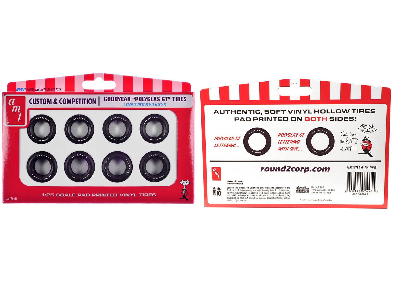 **Front of the Box:**

- NEW FROM THE KATS AT KIT CITY...
- CUSTOM & COMPETITION
- "POLYGLAS GT" TIRES
- 4 EACH IN SIZES F6D-15 & 180-15
- GOODYEAR
- 1/25 SCALE PAD-PRINTED VINYL TIRES
- PARTS PACK NO. AMTP038
- round2corp.com

**Back of the Box:**

- AUTHENTIC, SOFT VINYL HOLLOW TIRES PAD PRINTED ON BOTH SIDES!
- POLYGLAS GT LETTERING WITH SIZE...
- Only from the KATS at AMT!
- round2corp.com
- PARTS PACK NO. AMTP038
- 84 0398 07441 1
- 09/25/2024 A1

**Additional Text:**

- Goodyear (Winged Foot Design) and Big Ben Design are trademarks of the Goodyear Tire & Rubber Company used under license by Round 2, LLC, South Bend, Indiana. RACING and RACING 2 are trademarks of Round 2, LLC,