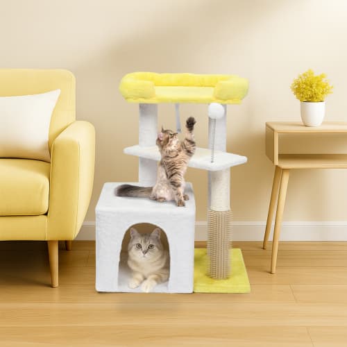 Winado - 27inch Small Cat Tower with Scratching Post, Ball, Cat Condo, Padded Top Bed for Indoor Kittens Cats Indoor Activity - Yellow & White