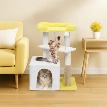 Front. Winado - 27inch Small Cat Tower with Scratching Post, Ball, Cat Condo, Padded Top Bed for Indoor Kittens Cats Indoor Activity - Yellow & White.