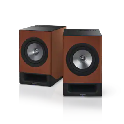 The image features two Technics speakers, which are brown and black in color.