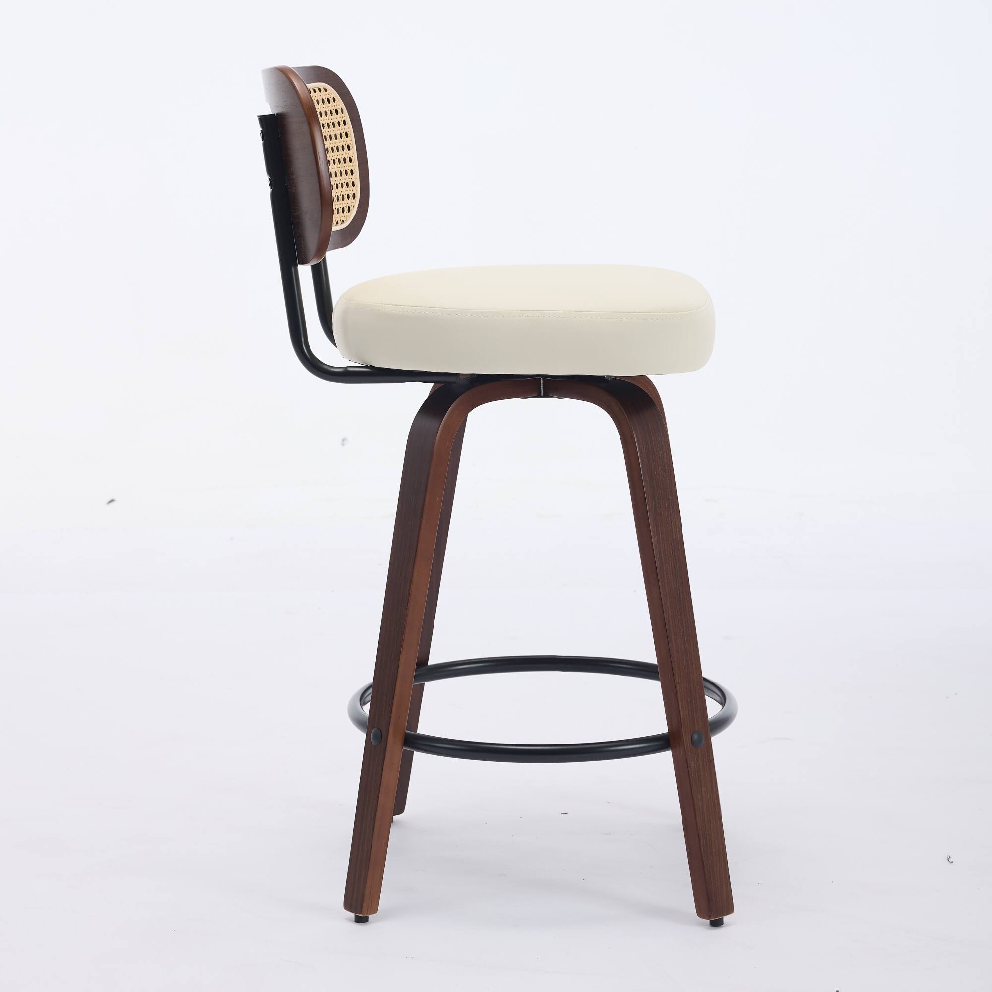 Back. APRILSOUL - Set of 2 Counter Height Bar Stools 26 inch Rattan Cane Back Upholstered Seat Walnut Swivel - Beige.