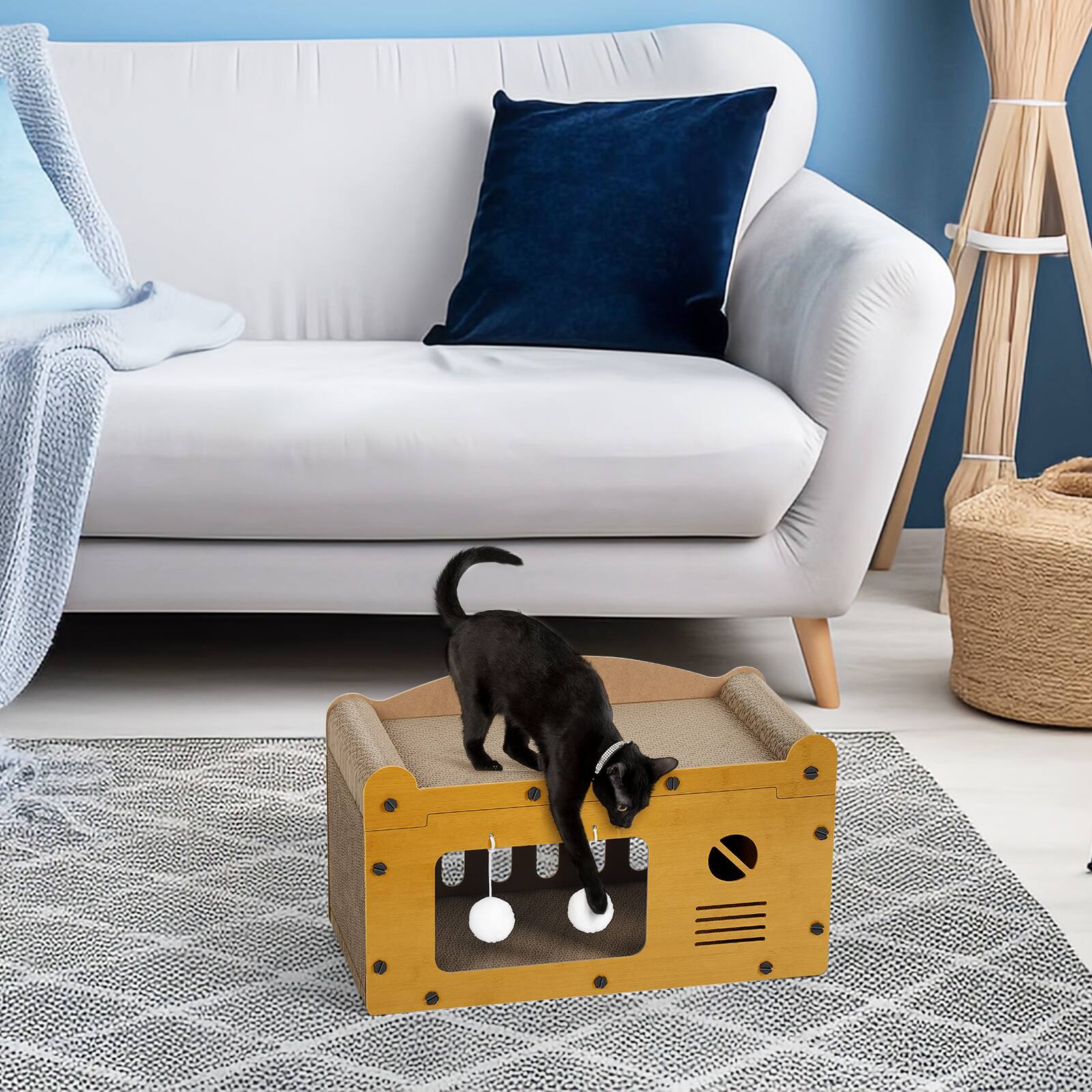 Alt View 1. Oumilen - Cat House with Scratcher Pad | 2-in-1 Corrugated Cardboard Cat Cave with Pom Pom Toys, Indoor Cat Bed.