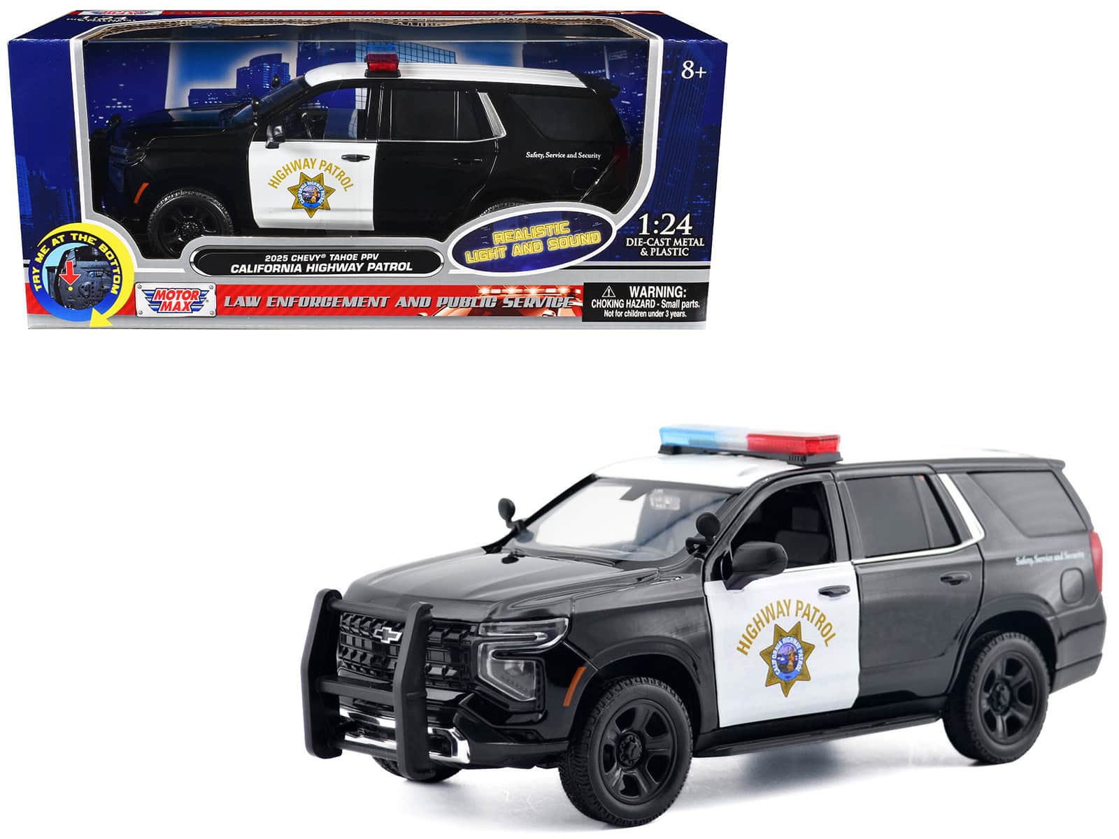"2025 Chevrolet Tahoe PPV ""CHP"" Black and White with Light Bar and Lights and Sounds 1/24 Diecast Model Car by Motormax" price history on PriceWatchPro