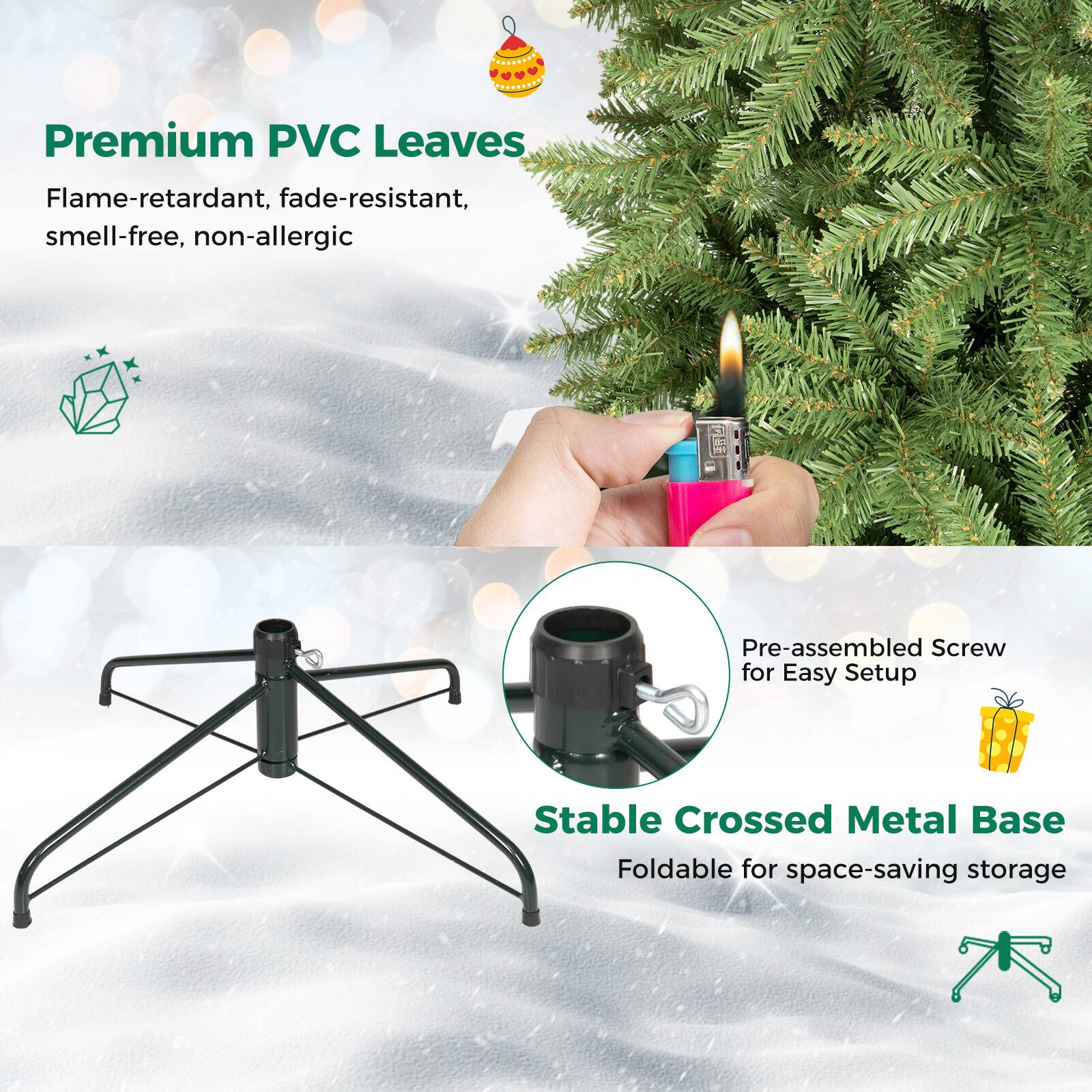 Premium PVC Leaves  
Flame-retardant, fade-resistant, smell-free, non-allergic  

Pre-assembled Screw for Easy Setup  

Stable Crossed Metal Base  
Foldable for space-saving storage