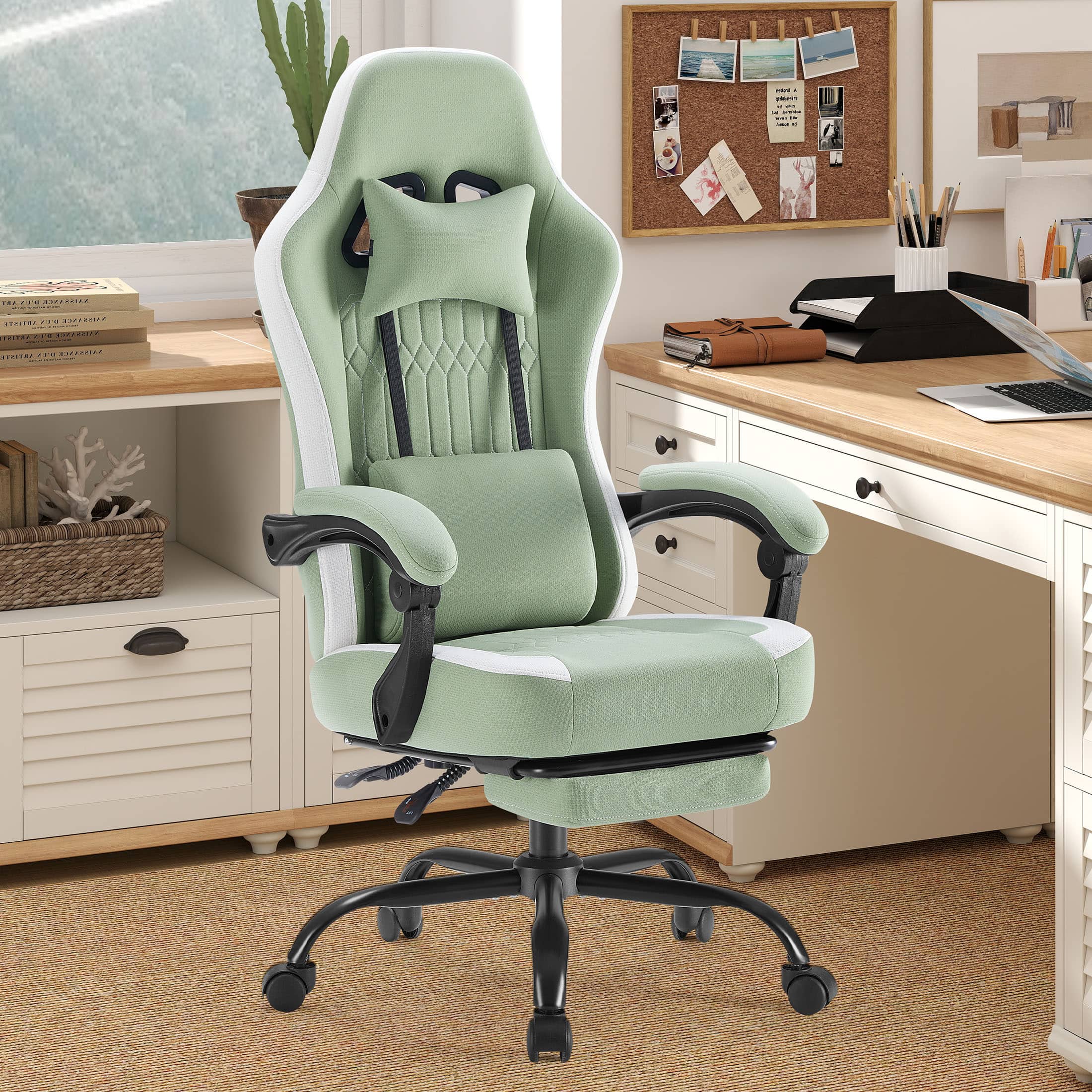 Anysun - Computer Game Chair with Lumbar Support - Adjustable Height, Armrests, Headrest & 360° Rotating Wheels - Green