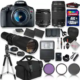 Bundle - Canon - EOS Rebel T7 DSLR Camera Kit with 18-55mm IS II and 75-300mm III Lenses plus 500mm Preset Lens+More - Black