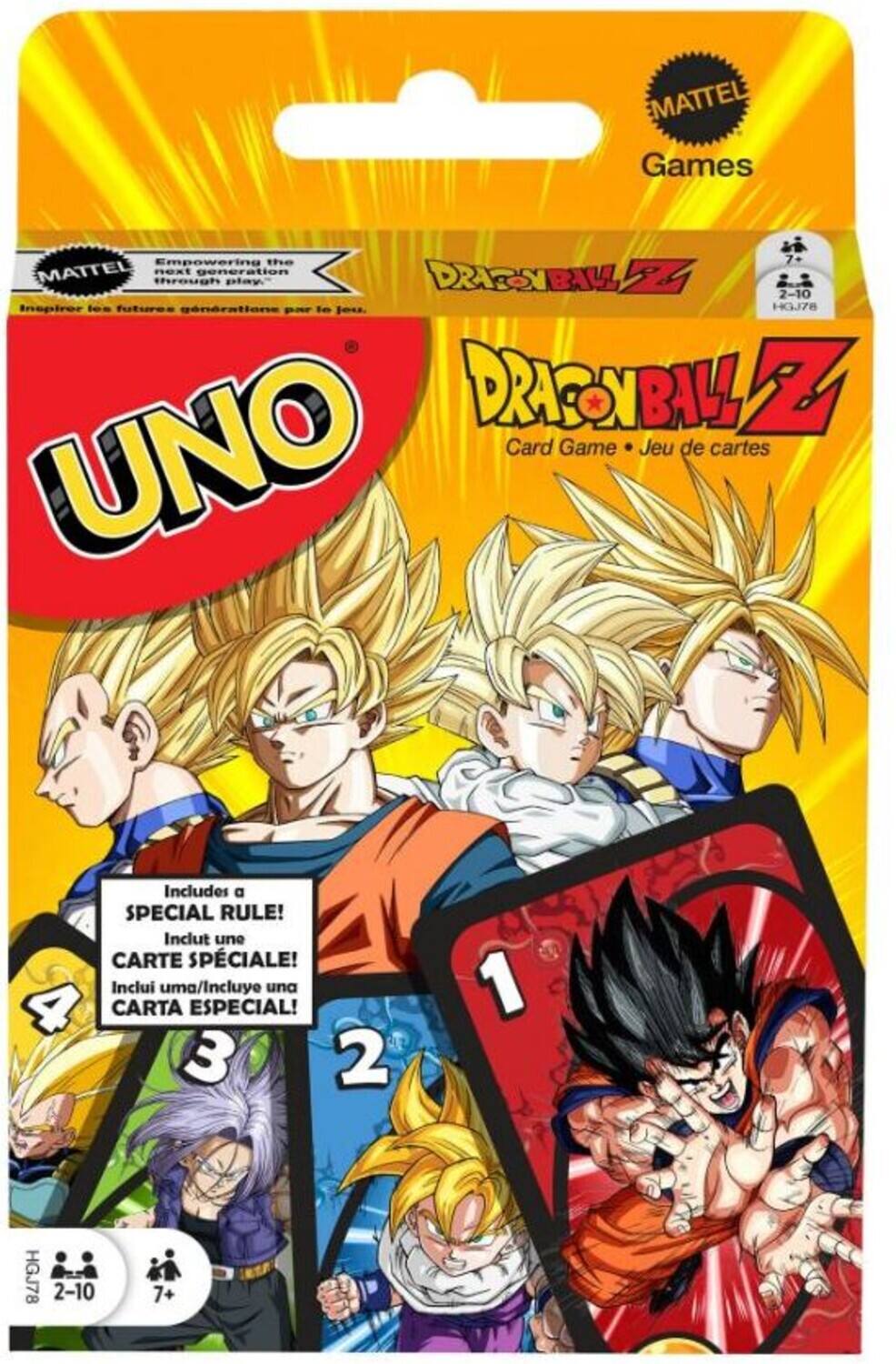 MATTEL Games  
Empowering the next generation through play.  
Inspirer les futures générations par le jeu.  

DRAGON BALL Z  
Card Game • Jeu de cartes  

UNO  
Includes a SPECIAL RULE!  
Inclut une CARTE SPÉCIALE!  
Inclui una/Incluye una CARTA ESPECIAL!  

HGJ78  
2-10  
7+