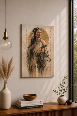FC Design - Large Tribal Woman Wolf Spirit Canvas Print 24x36"-Ready-to-Hang Earthy Harmony Accent for Art Painting Home Wall Décor - MultiColor