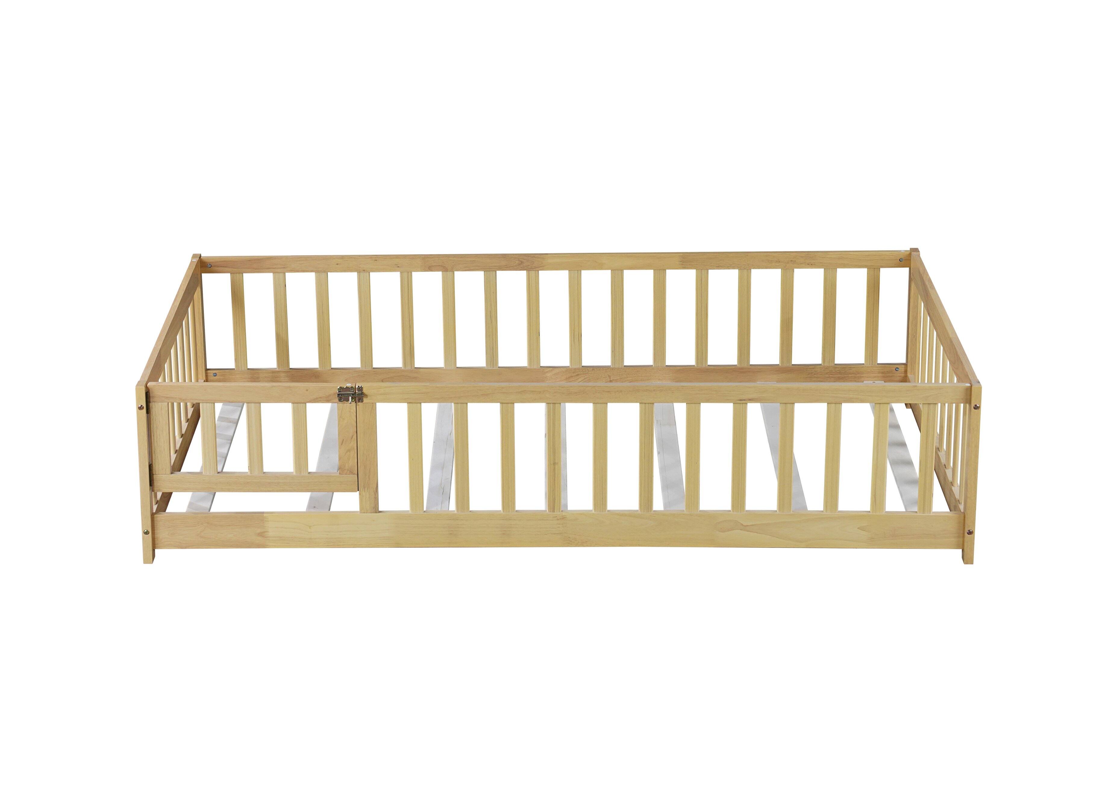 Alt View 7. Tiramisubest - Twin Size Floor Bed with Fence and Door,Rubber Wood Floor Bed with Safety Guardrails,Natural - Natural.