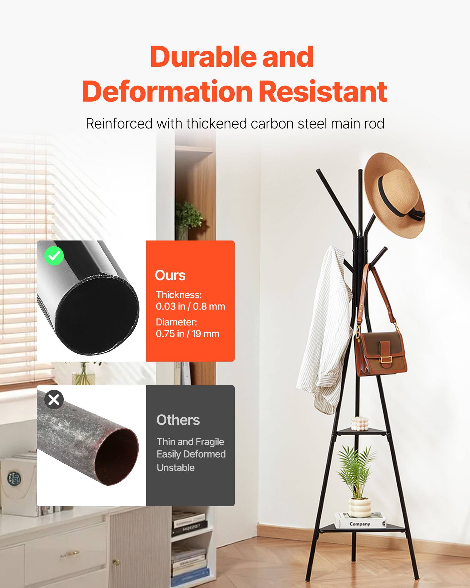 Durable and Deformation Resistant  
Reinforced with thickened carbon steel main rod  

Ours  
Thickness: 0.03 in / 0.8 mm  
Diameter: 0.75 in / 19 mm  

Others  
Thin and Fragile  
Easily Deformed  
Unstable  

Company