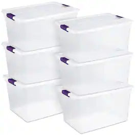 Sterilite - 66 Quart Plastic Latching Handle Storage Container Tote, 6 Pack - Clear