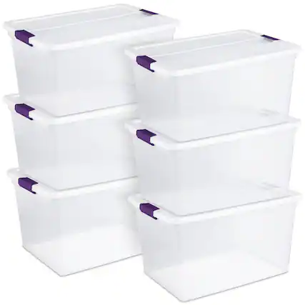 Front. Sterilite - Sterilite 66 Quart Clear Plastic Latching Handle Storage Container Tote, 6 Pack - Clear.