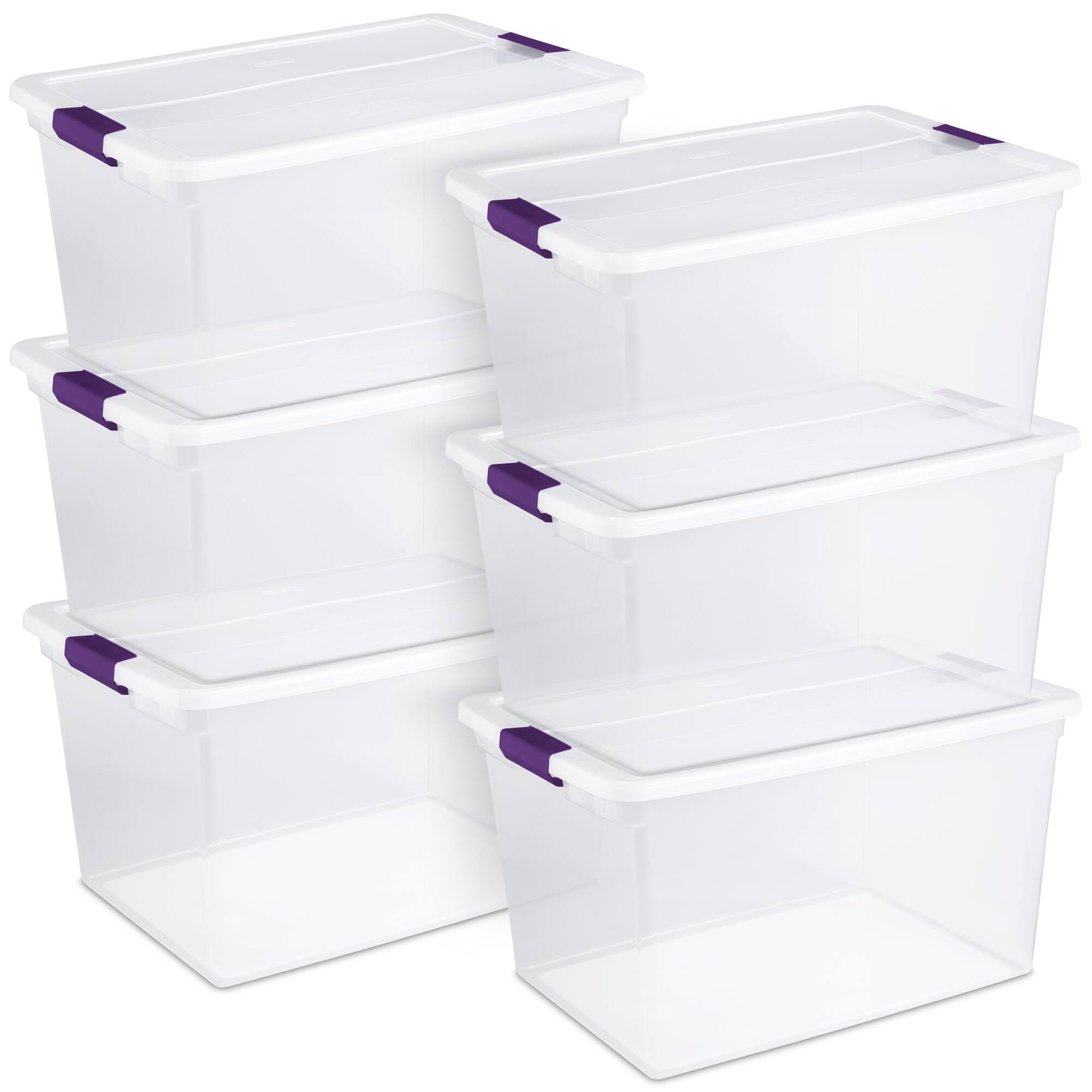 Front. Sterilite - Sterilite 66 Quart Clear Plastic Latching Handle Storage Container Tote, 6 Pack - Clear.
