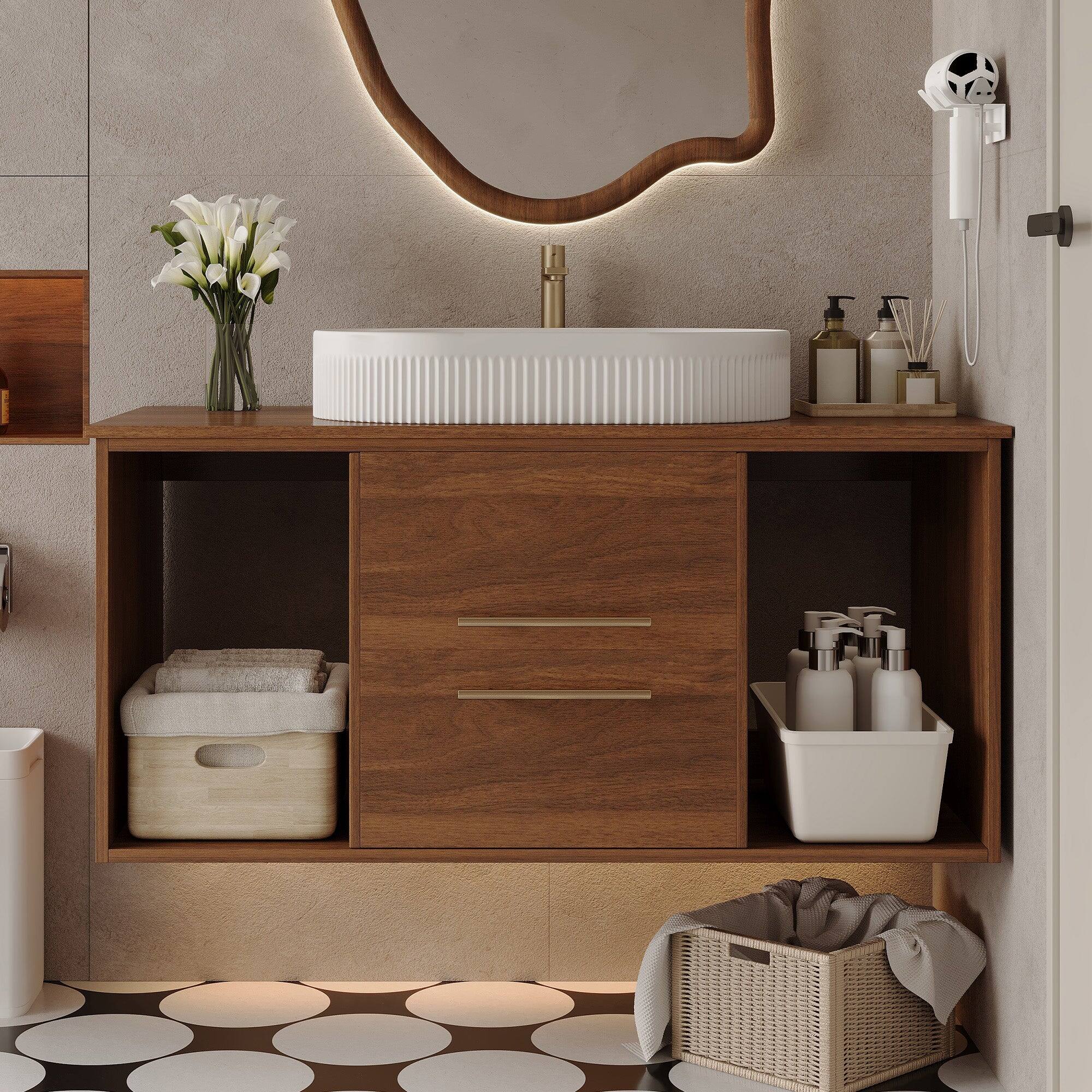 Alt View 3. Boyel Living - 39.4 In Wall Mounted Bathroom Vanity Oval Ceramic Sink Solid Wood Soft Close Drawers - Walnut.