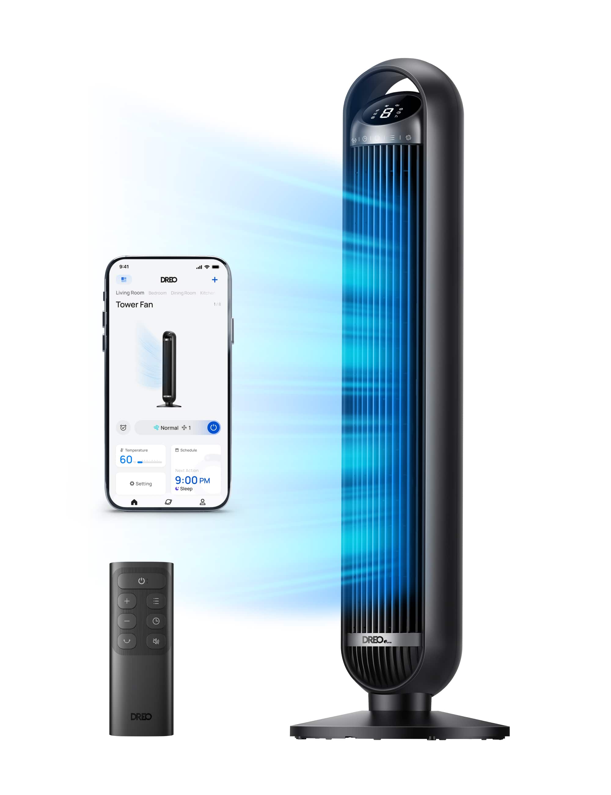 Dreo - 36 in. Smart Tower Fan, 8 Speed, DC Motor, 25 DB Quiet, 90° Oscillating with Remote and Wi-Fi Voice Control in Black