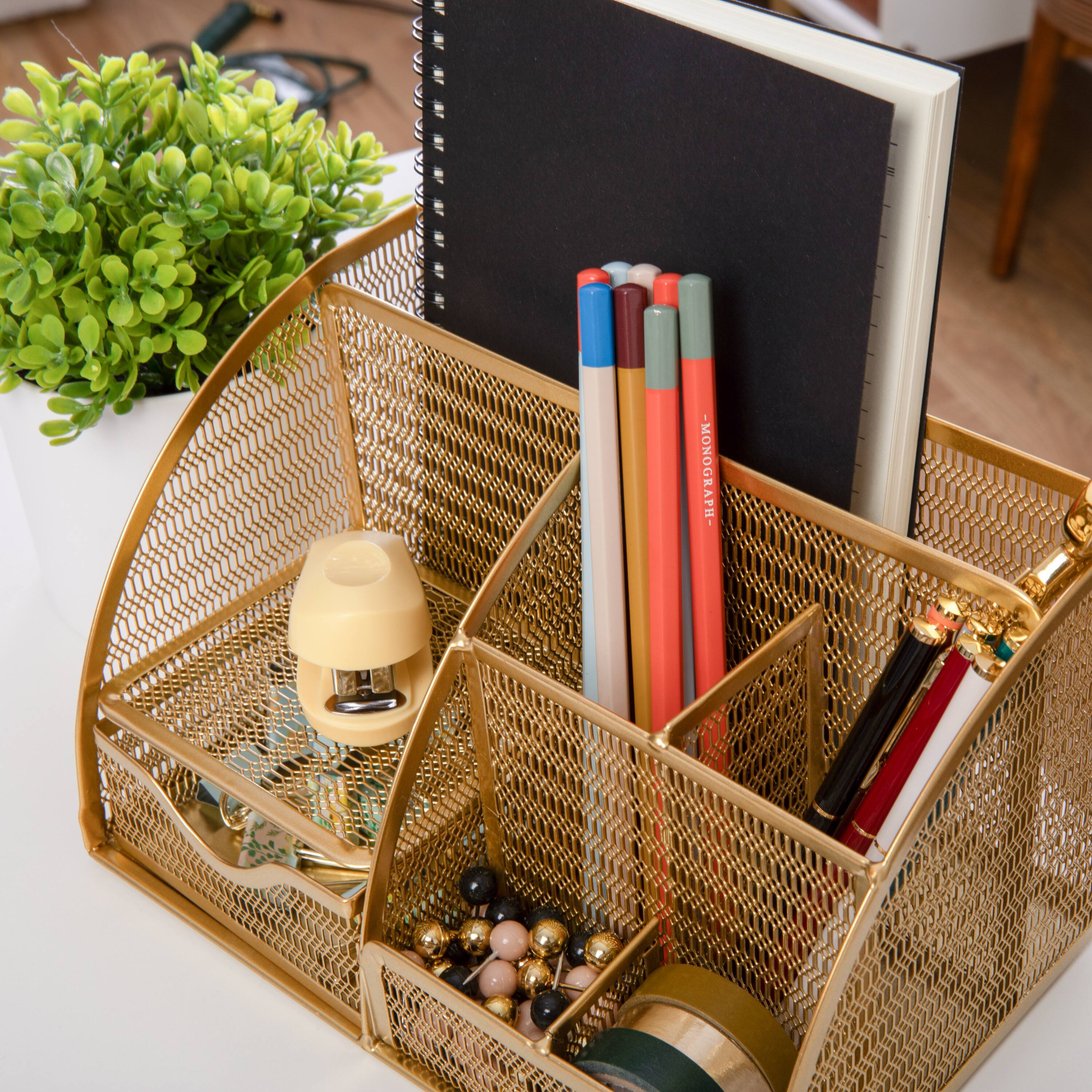 Alt View 13. Martha Stewart - Ryder Premium Mesh Metal Small Desktop Organizer With Drawer - Gold.