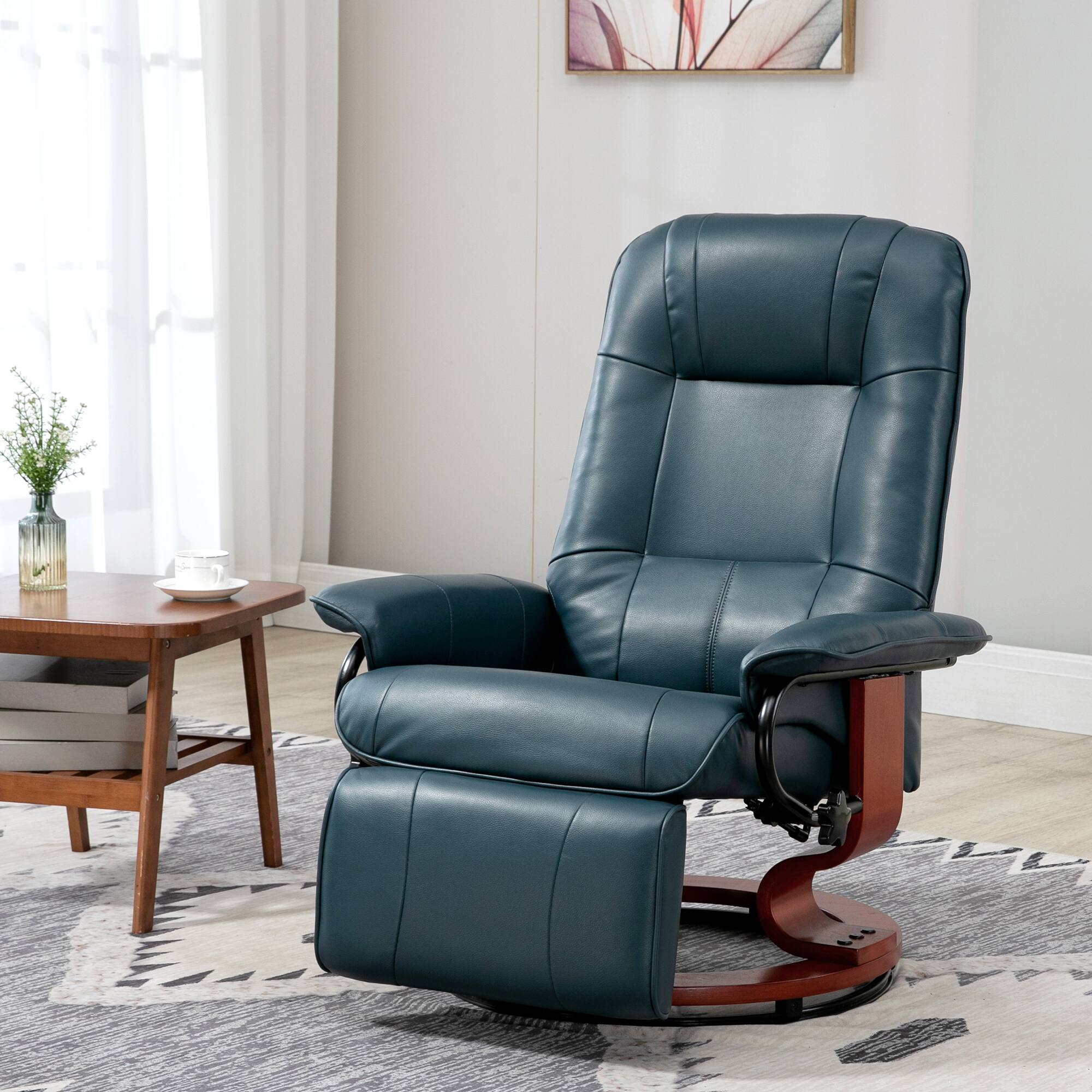 Alt View 1. Homcom - Faux Leather Manual Recliner, Adjustable Swivel Lounge Chair with Footrest, Armrest and Wrapped Wood Base - Blue.
