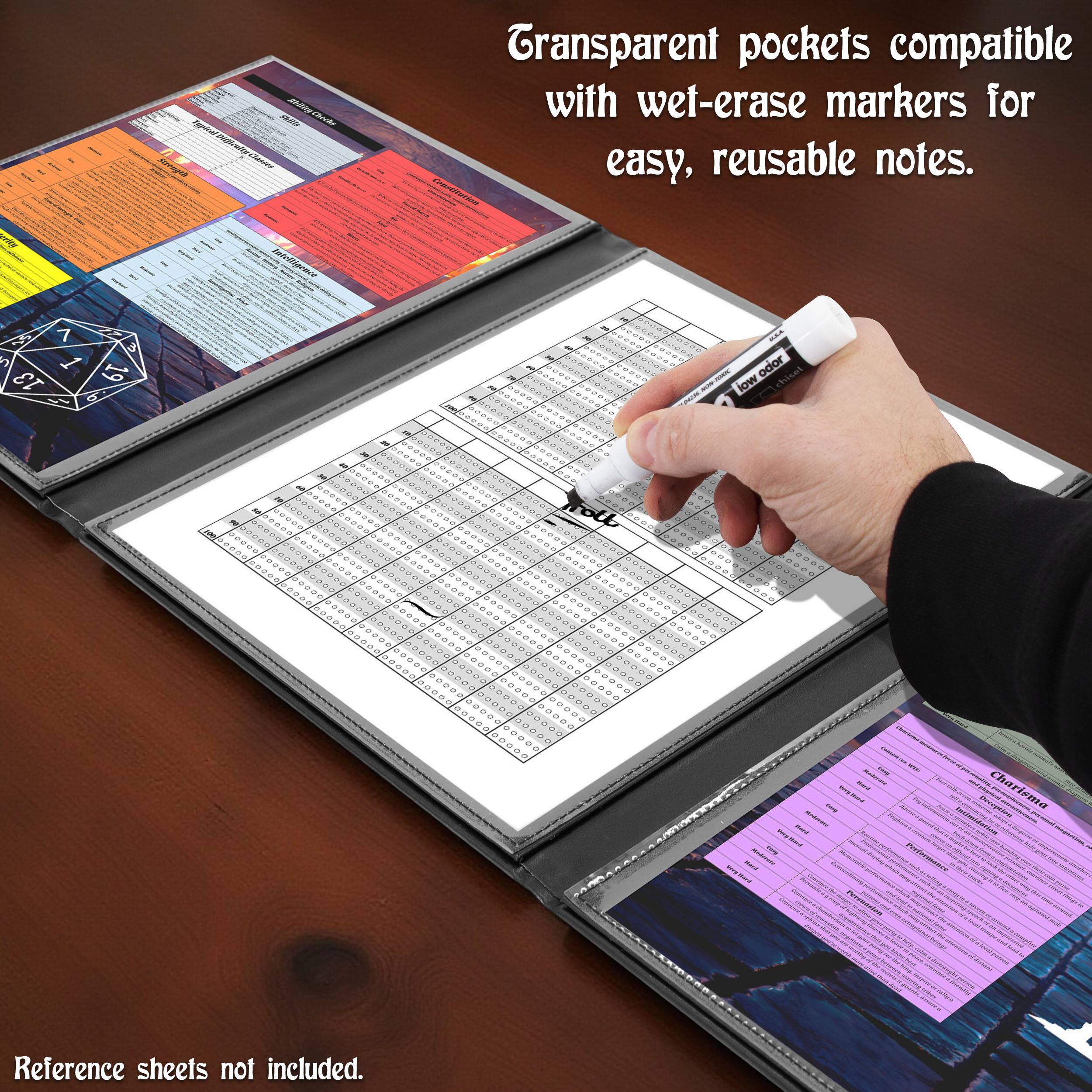 Transparent pockets compatible with wet-erase markers for easy, reusable notes. Reference sheets not included.