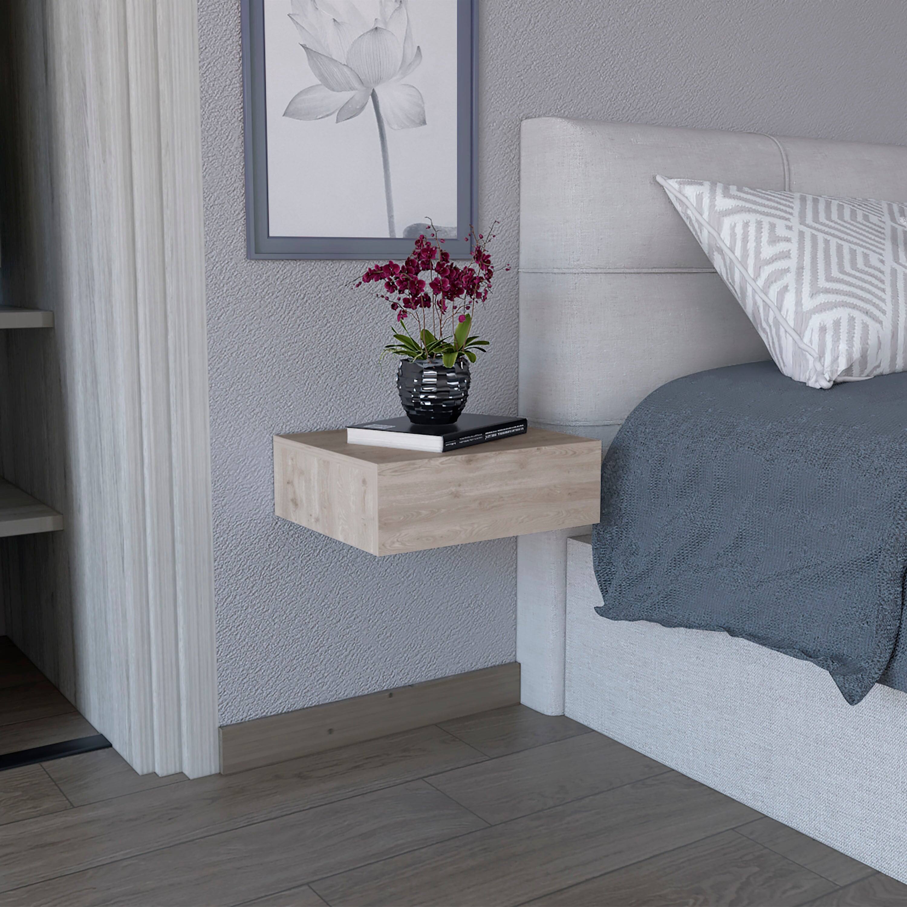 Front. Tiramisubest - Floating Nightstand with Drawer, Wall-Mounted Side Table, Light Gray - Gray.