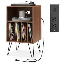 Costway - 3-Tier Record Player Stand with Charging Station Shelf & 4 Dividers for Bedroom - Walnut