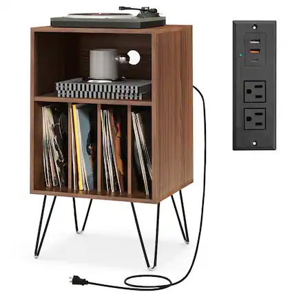 Front. Costway - Costway 3-Tier Record Player Stand with Charging Station Shelf & 4 Dividers for Bedroom - Walnut.