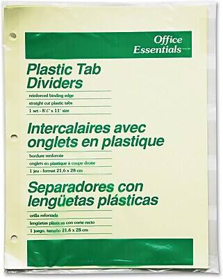Office Essentials

Plastic Tab Dividers  
reinforced binding edge  
straight cut plastic tabs  
1 set - 8½" x 11" size

Intercalaire avec onglets en plastique  
bordure renforcée  
onglets en plastique à coupe droite  
1 jeu - format 21,6 x 28 cm

Separadores con lengüetas plásticas  
orilla reforzada  
lengüetas plásticas con corte recto  
1 juego, tamaño 21,6 x 28 cm