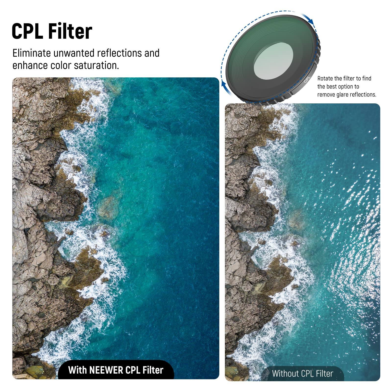 CPL Filter

Eliminate unwanted reflections and enhance color saturation.

Rotate the filter to find the best option to remove glare reflections.

With NEEWER CPL Filter

Without CPL Filter