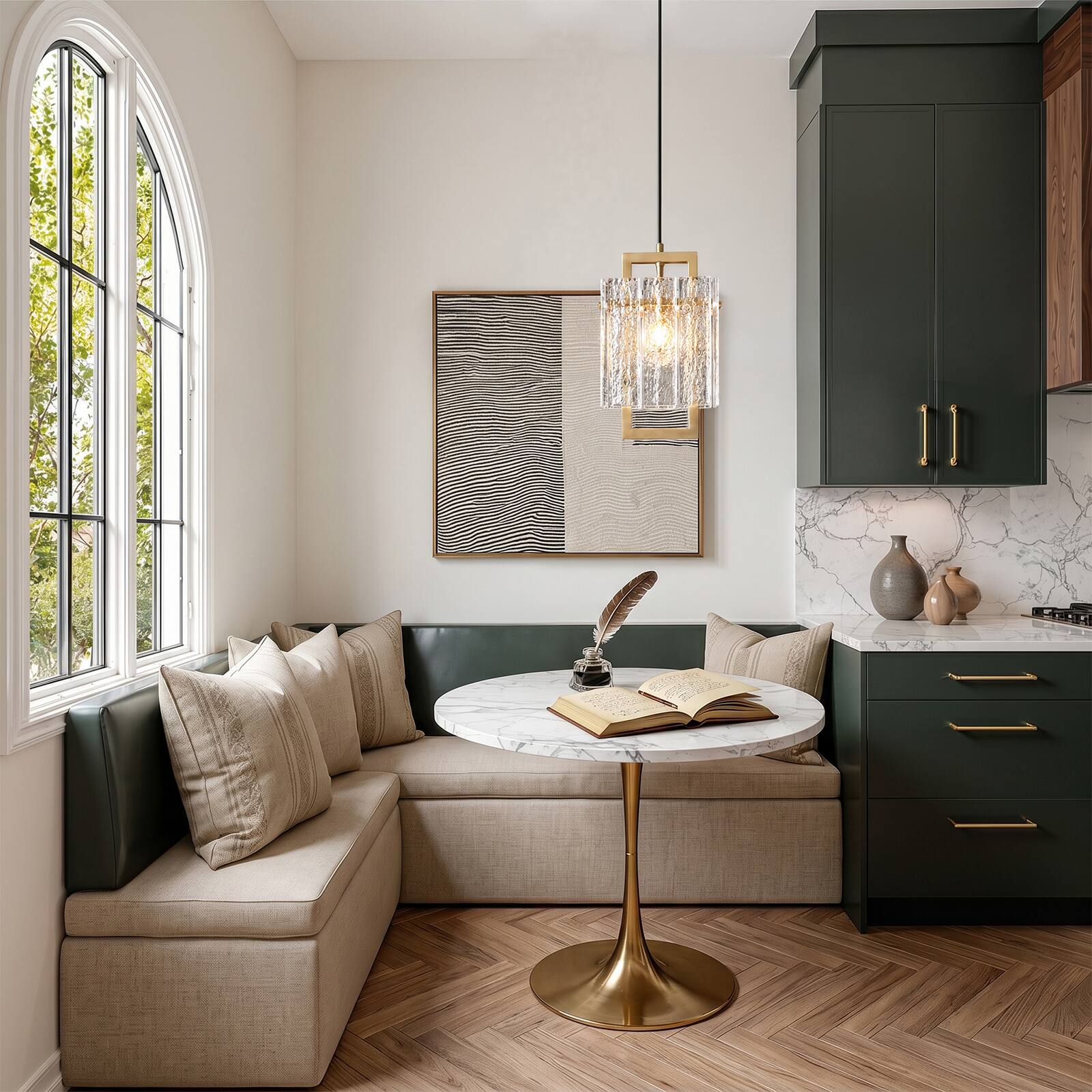 Alt View 1. Siljoy - Square Frame Cracked Glass Lampshade Pendant Light - Gold.