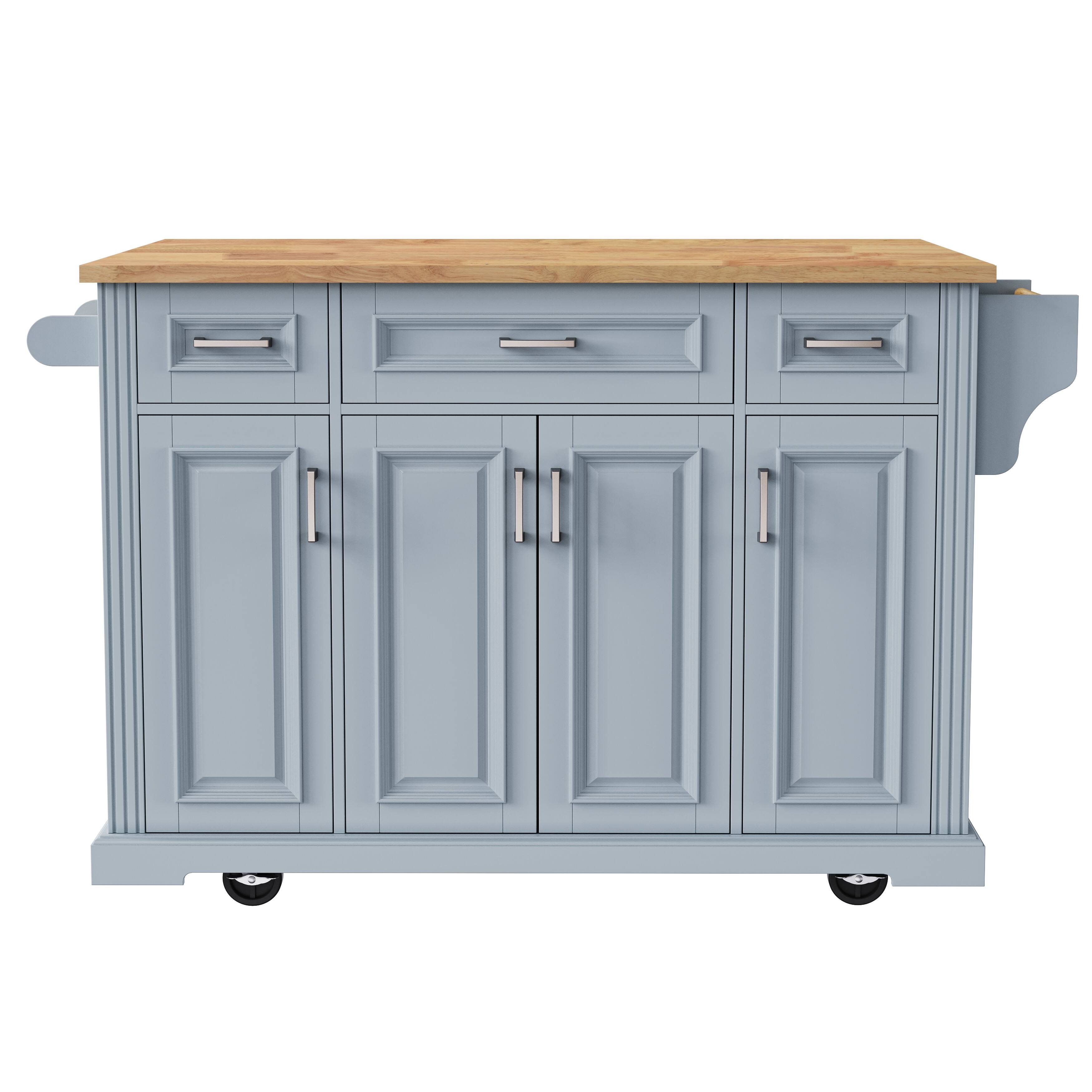 Back. Whisen - 54" Rubber Wood Top Drop Leaf Kitchen Island, Rolling Cart with Storage for Kitchen - Gray.
