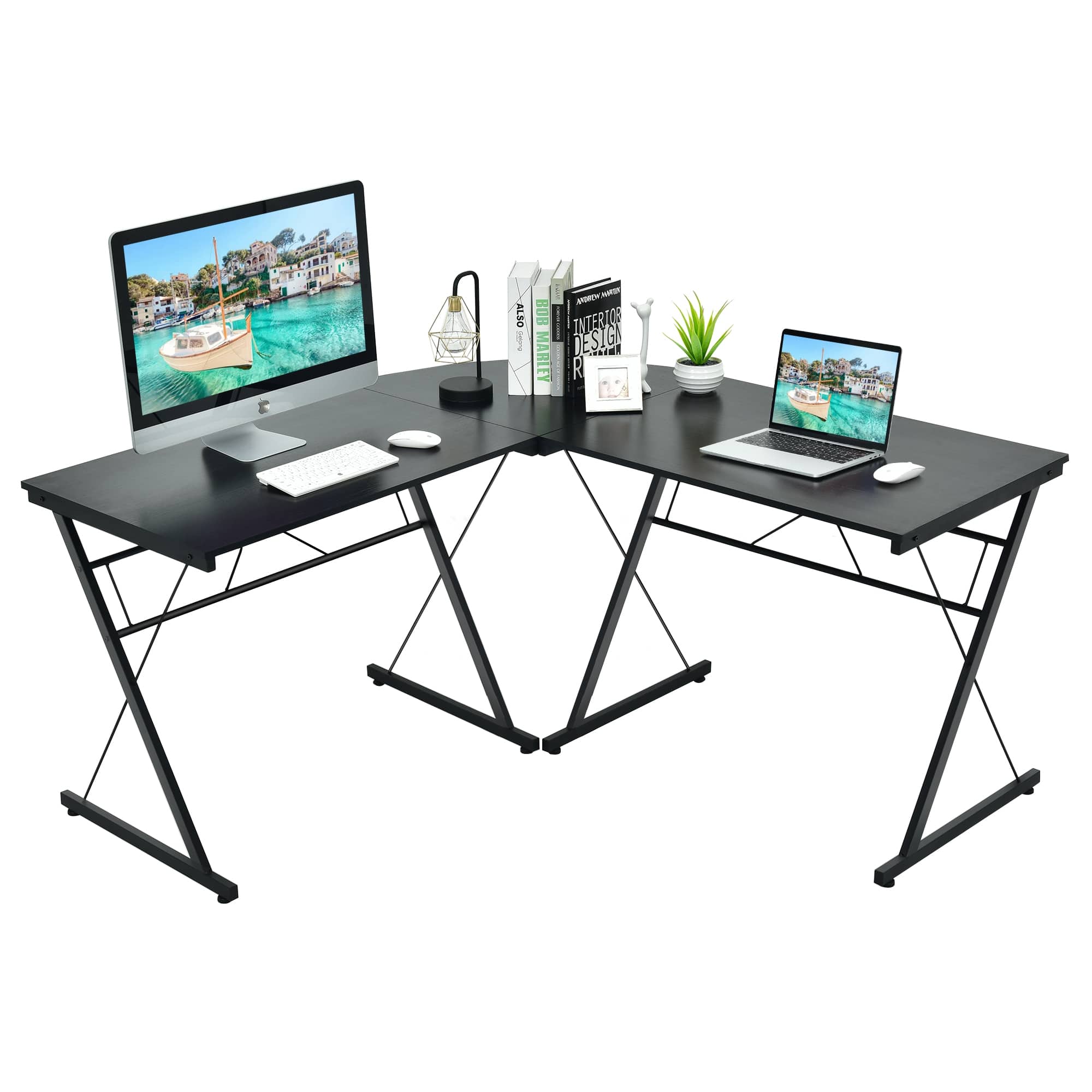 Ecooso - 59 Inch L-Shaped Corner Desk, Computer Workstation with Rounded Corner for Home Office - Black