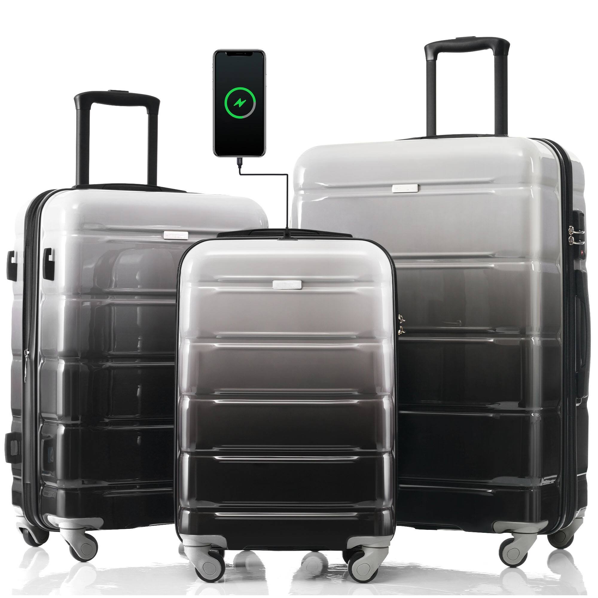 Front. Spaco - Spaco Hard Shell Luggage Set of 3, 20-inch with USB Port, Airline Certified Carry-on with ABS+PC and Spinner Wheels - Black.
