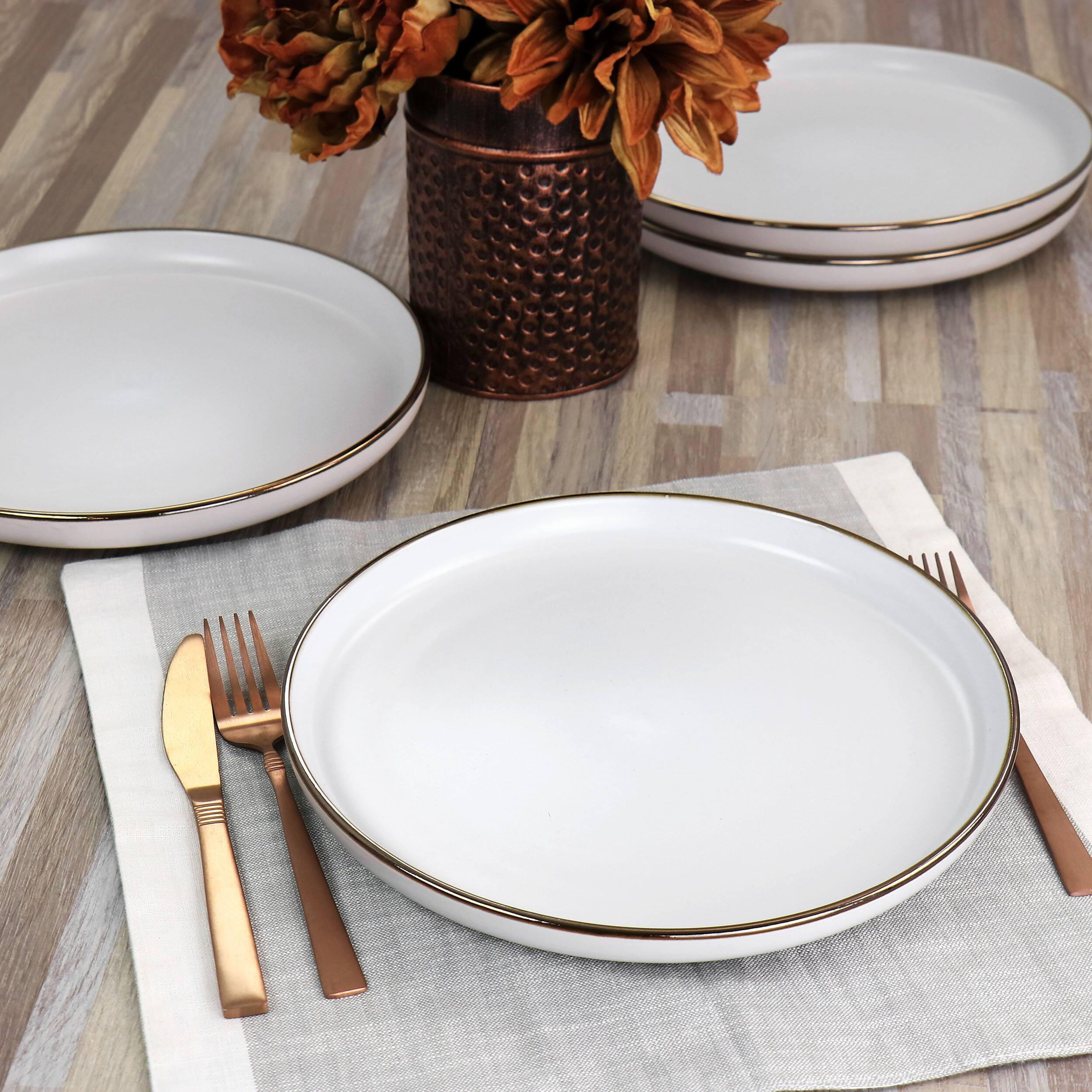 Alt View 5. Elama - Elama Arthur 6 Piece Stoneware Dinner Plate Set in Matte White with Gold Rim - White.