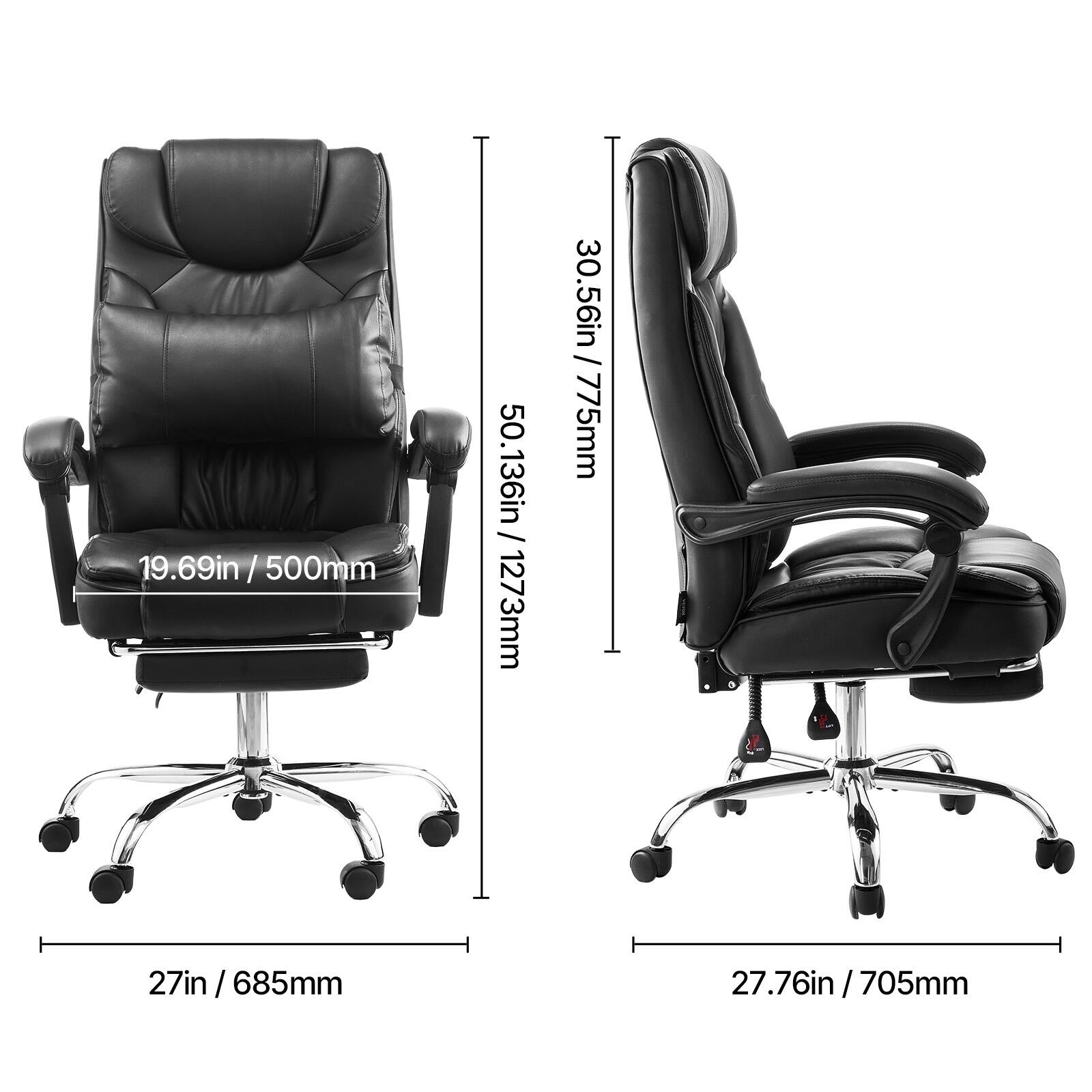 - Width: 27in / 685mm
- Depth: 19.69in / 500mm
- Height: 50.136in / 1273mm
- Seat Height: 30.56in / 775mm
- Back Height: 27.76in / 705mm