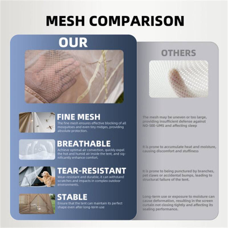 **MESH COMPARISON**

**OUR**

- **FINE MESH**  
  The fine mesh ensures effective blocking of all mosquitoes and even tiny midges, providing absolute protection.

- **BREATHABLE**  
  Achieve optimal air convection, quickly expel the hot and humid air inside the tent, and significantly enhance comfort.

- **TEAR-RESISTANT**  
  Wear-resistant and durable. It can withstand scratches and impacts in complex outdoor environments.

- **STABLE**  
  Ensure that the tent can maintain its perfect shape even after long-term use.

**OTHERS**

- The mesh may be uneven or too large, providing insufficient defense against NO-SEE-UMS and affecting sleep.

- It is prone to accumulate heat and moisture, causing discomfort and stuffiness.

- It is prone to being punctured by branches, pet claws, or accidental bumps, leading to structural failure of the tent.

- Long-term use or exposure to moisture can cause deformation, resulting in the screen curtain not closing tightly and affecting its sealing performance.