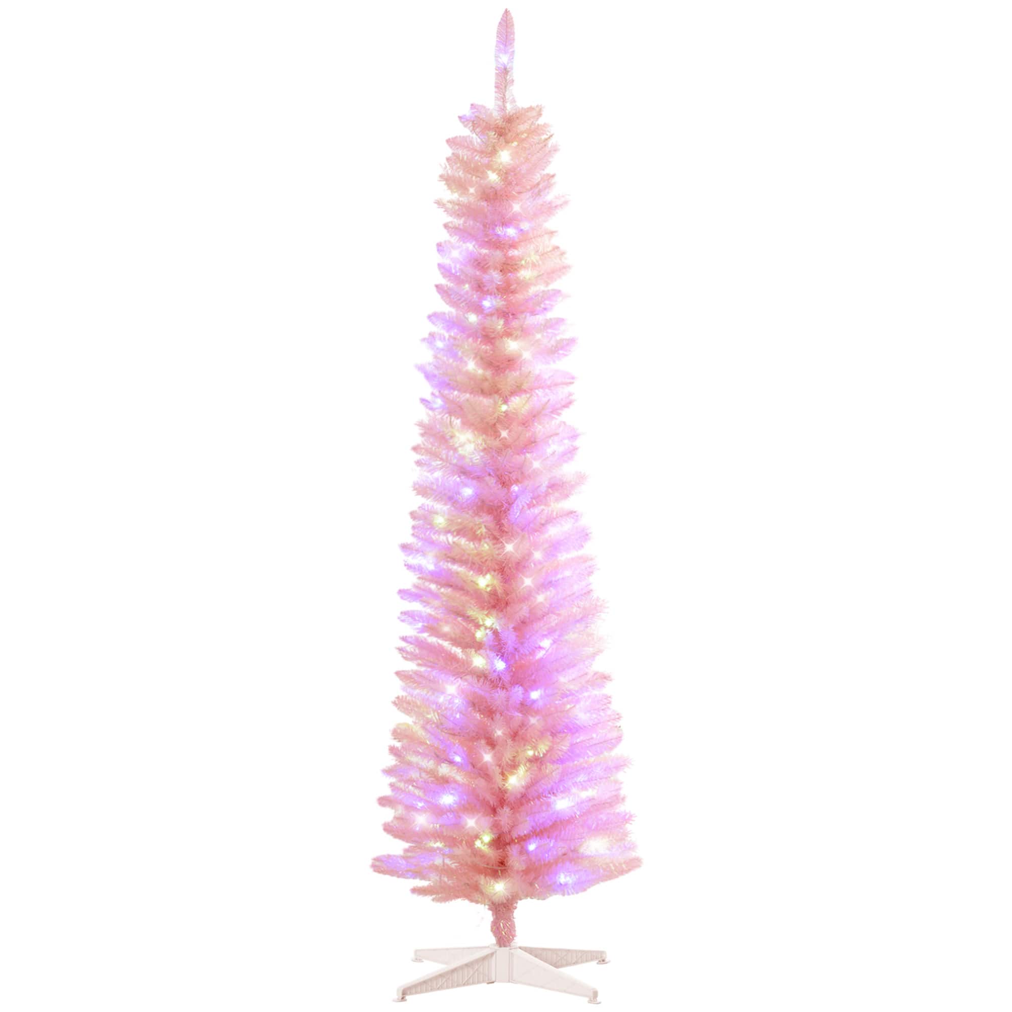 Homcom - 7ft Prelit Pencil Artificial Christmas Tree, 500 Colorful Branches 250 Colorful LEDs - Pink