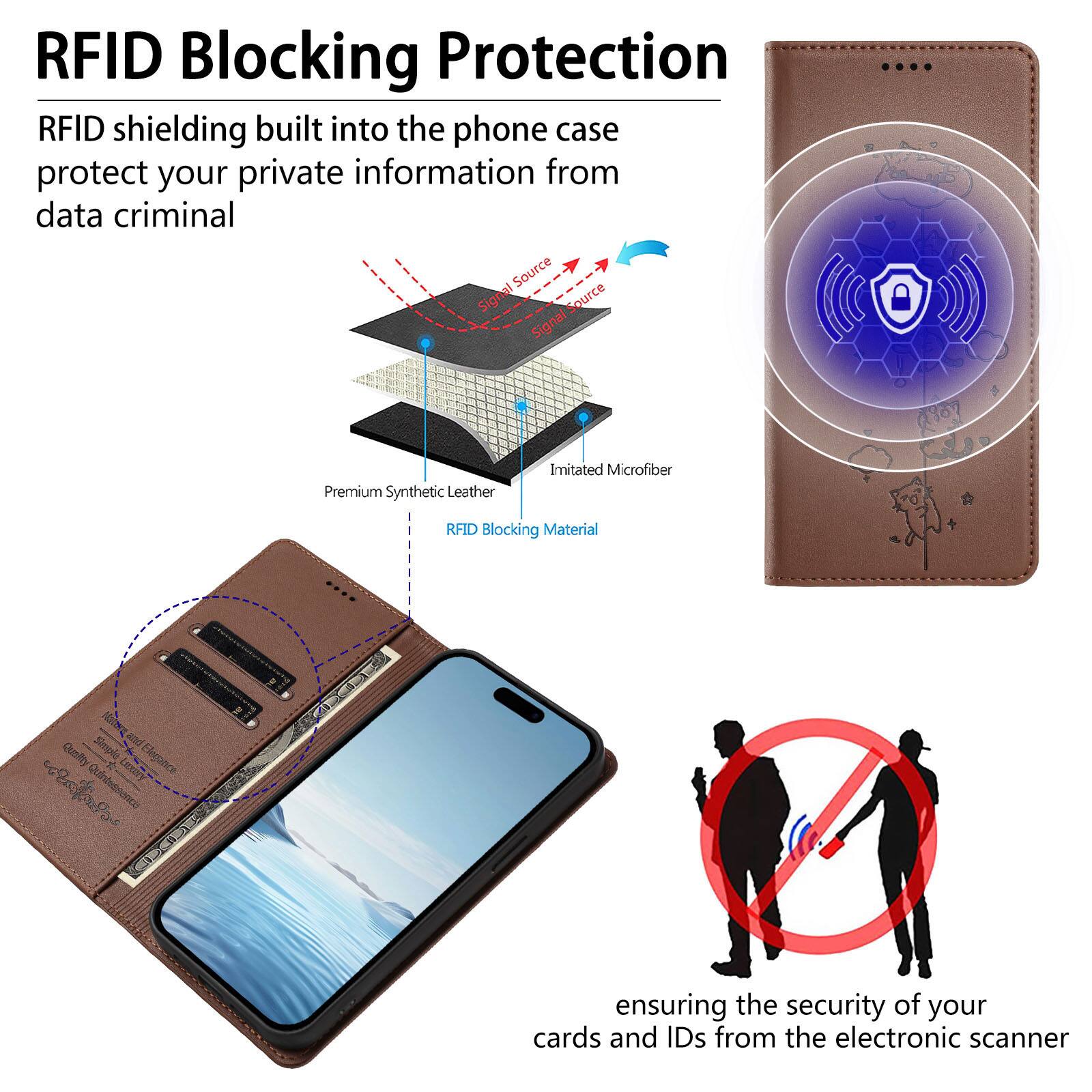 RFID Blocking Protection

RFID shielding built into the phone case protect your private information from data criminal

Premium Synthetic Leather
Imitated Microfiber
RFID Blocking Material

ensuring the security of your cards and IDs from the electronic scanner