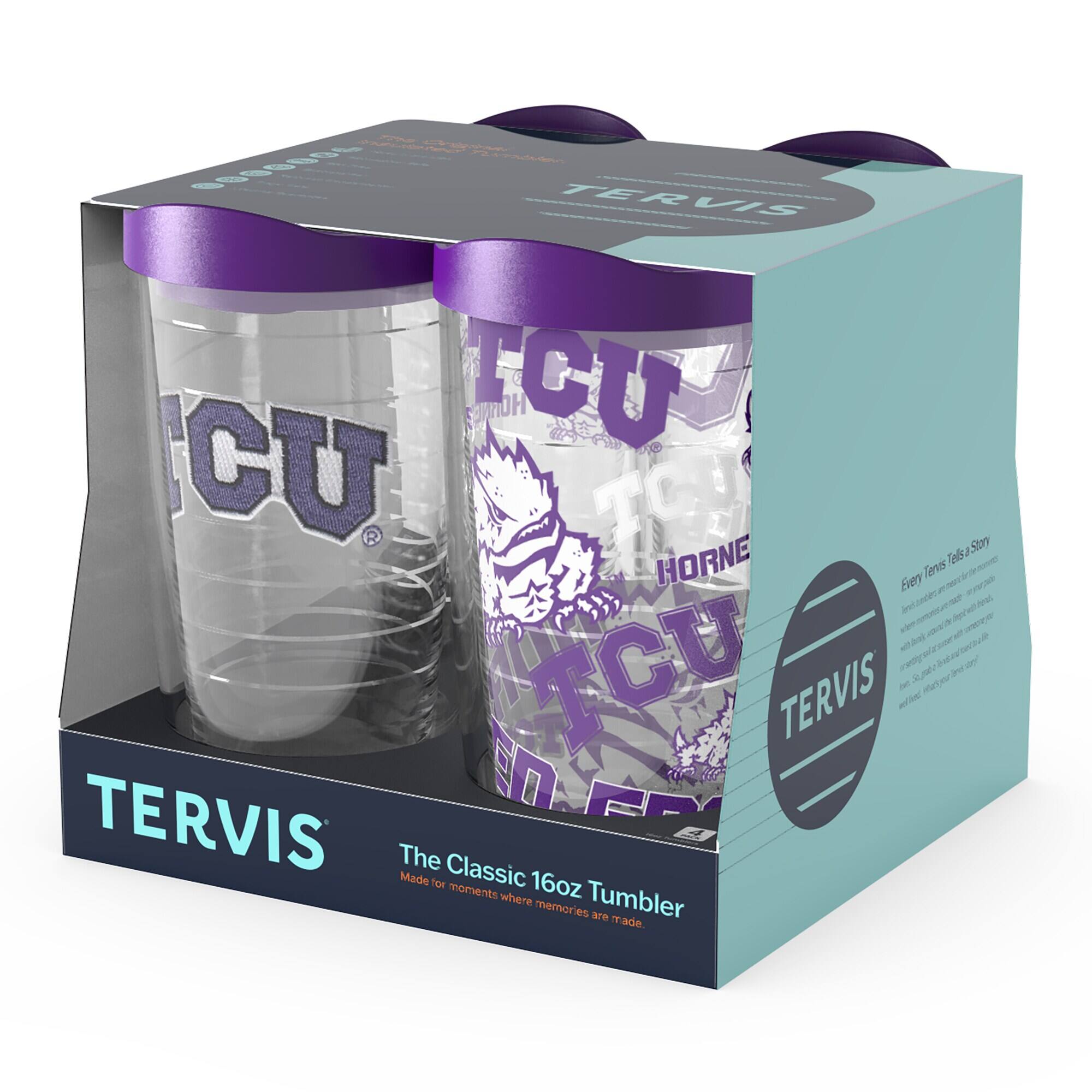 TERVIS  
The Classic 16oz Tumbler  
Made for moments where memories are made.  

TCU  
HORNE  

Avery Tanesa says:  
"Every time I use my Tervis tumbler, I feel like I'm taking a little piece of home with me. It's perfect for my morning coffee and keeps my drinks at the perfect temperature all day long. Plus, it's so stylish and durable, I know it will last for years to come."  

TERVIS