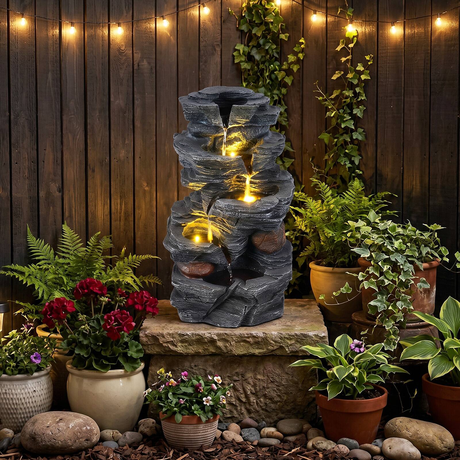 Alt View 1. Costway - Costway 18" H Outdoor Water Fountain 5-Tier Tabletop Cascading Rock Waterfall Feature - Gray.