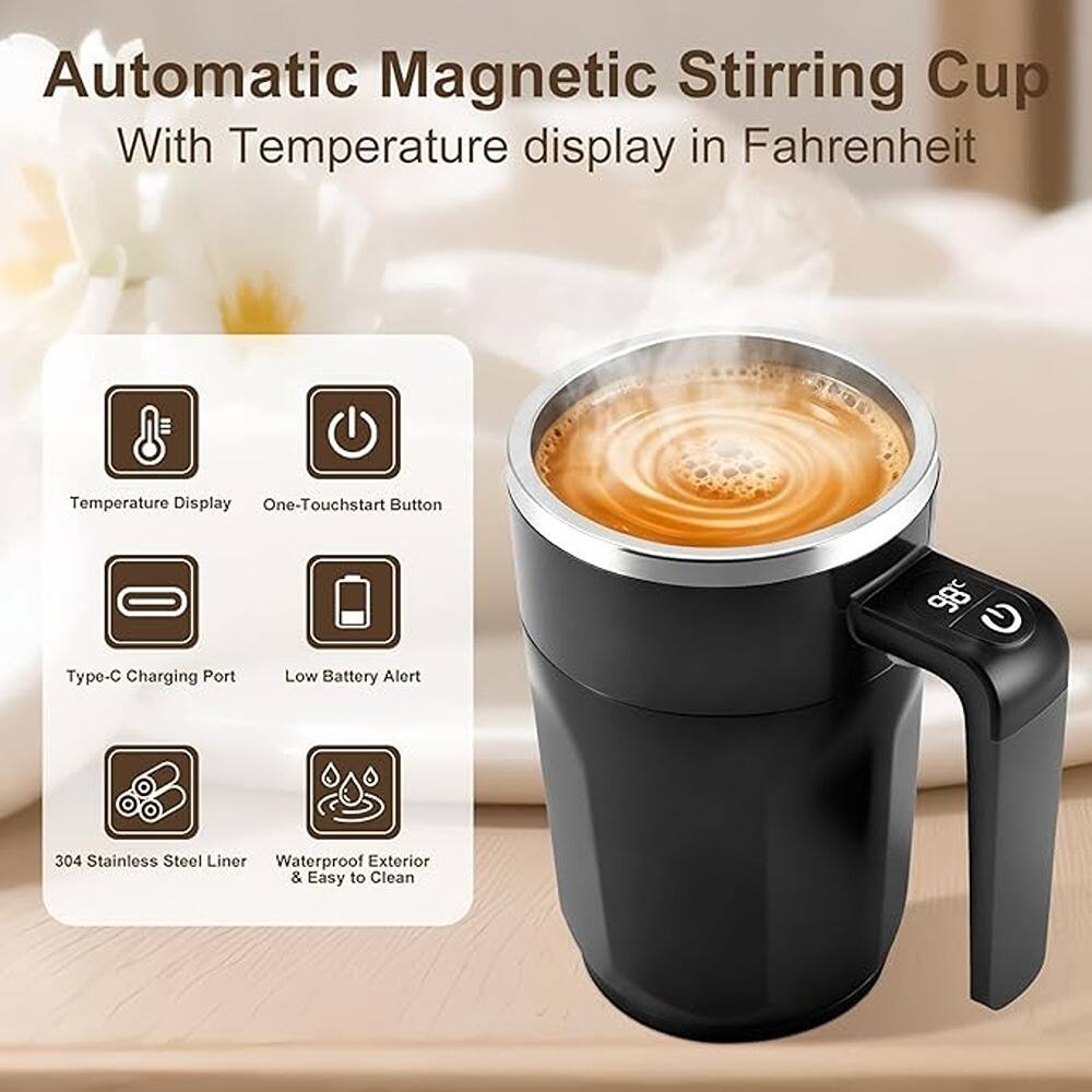 Automatic Magnetic Stirring Cup  
With Temperature display in Fahrenheit  

- Temperature Display  
- One-Touchstart Button  
- Type-C Charging Port  
- Low Battery Alert  
- 304 Stainless Steel Liner  
- Waterproof Exterior & Easy to Clean